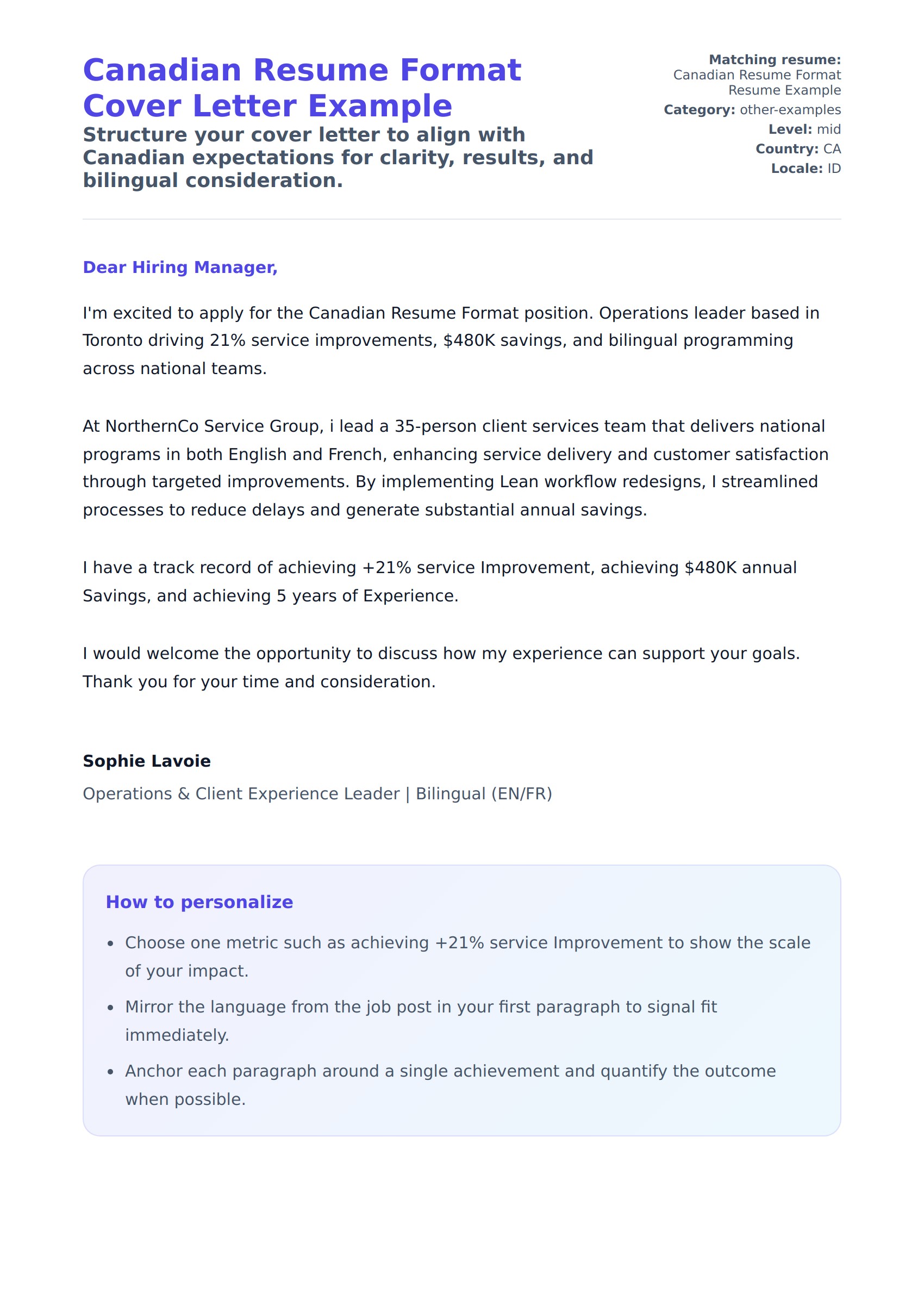 Cover Letter preview for Canadian Resume Format Cover Letter Example