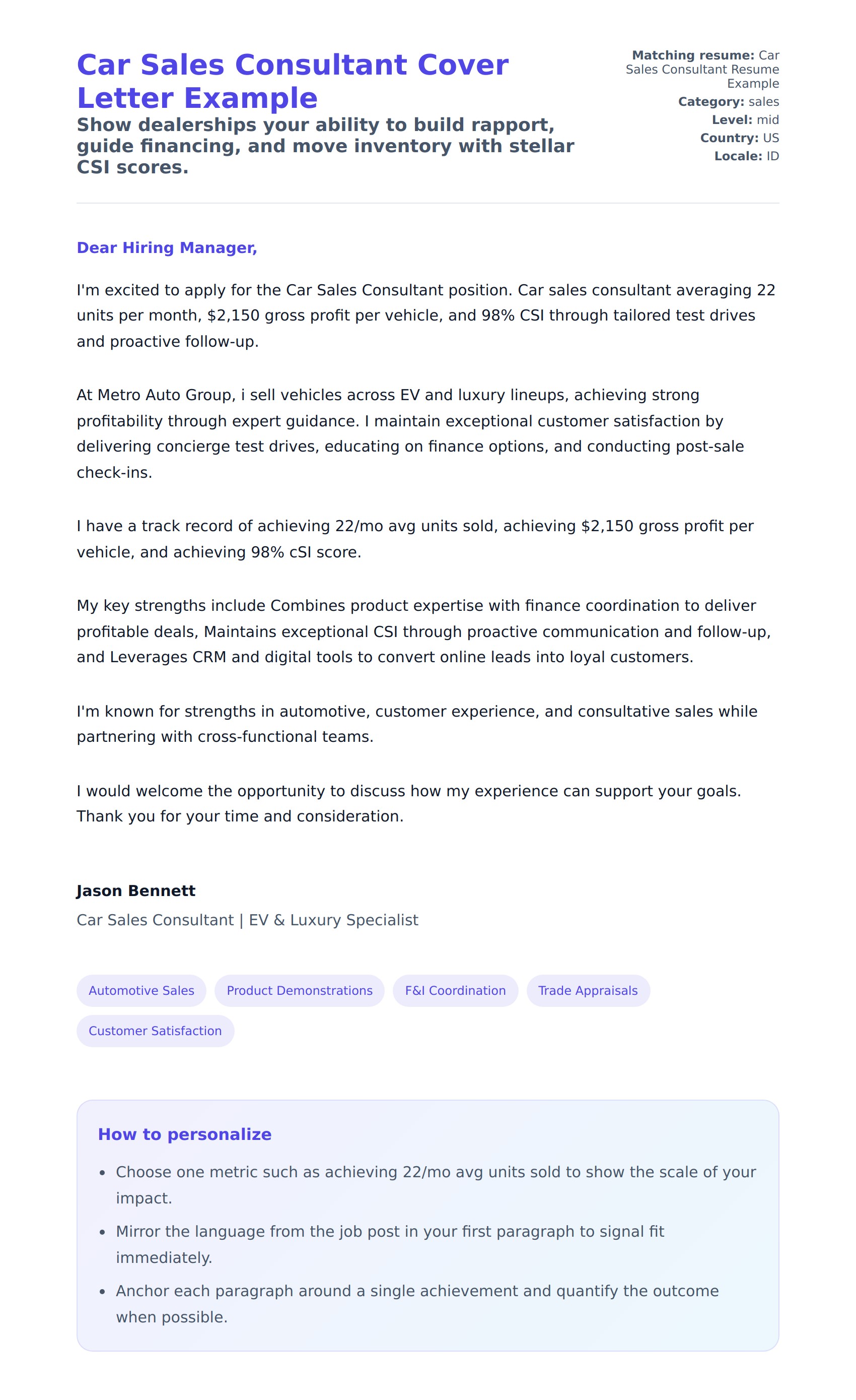 Car Sales Consultant Cover Letter Example