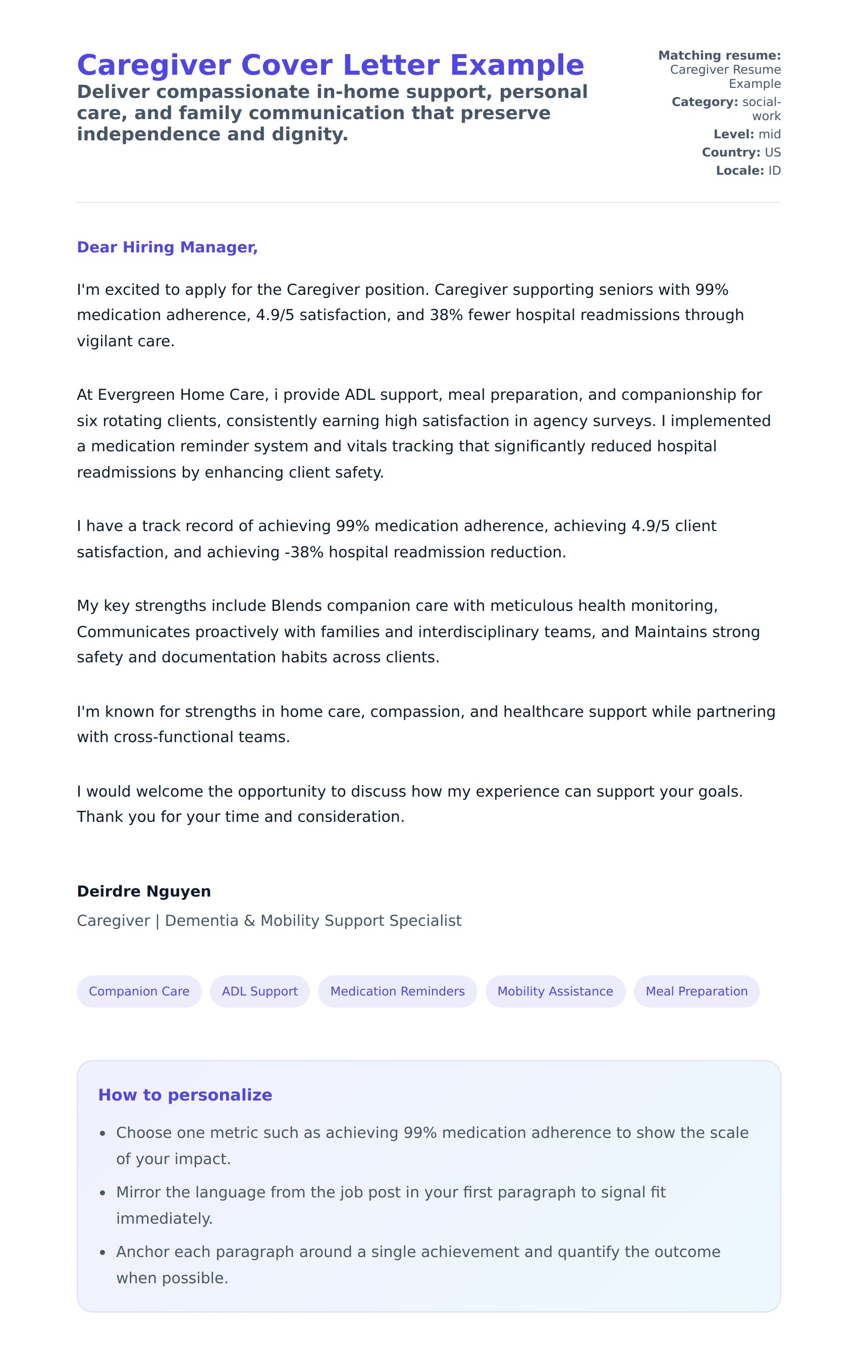Caregiver Cover Letter Example