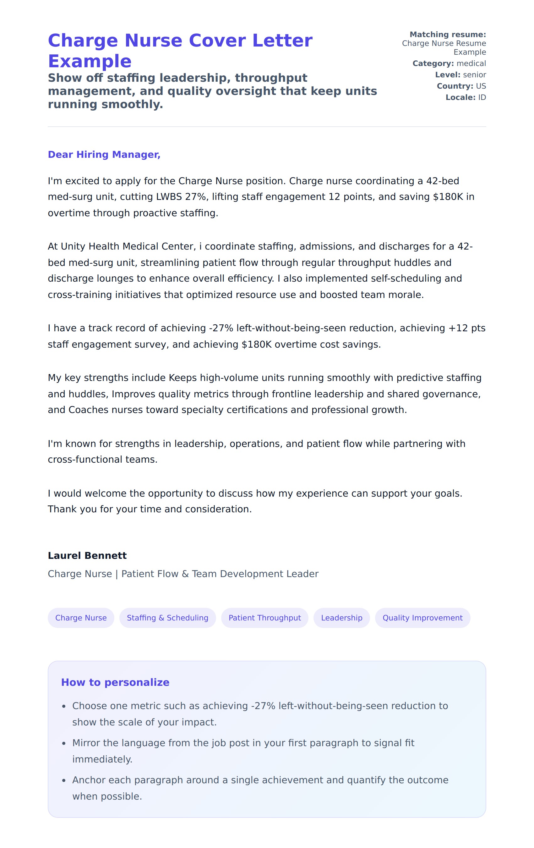 Cover Letter preview for Charge Nurse Cover Letter Example