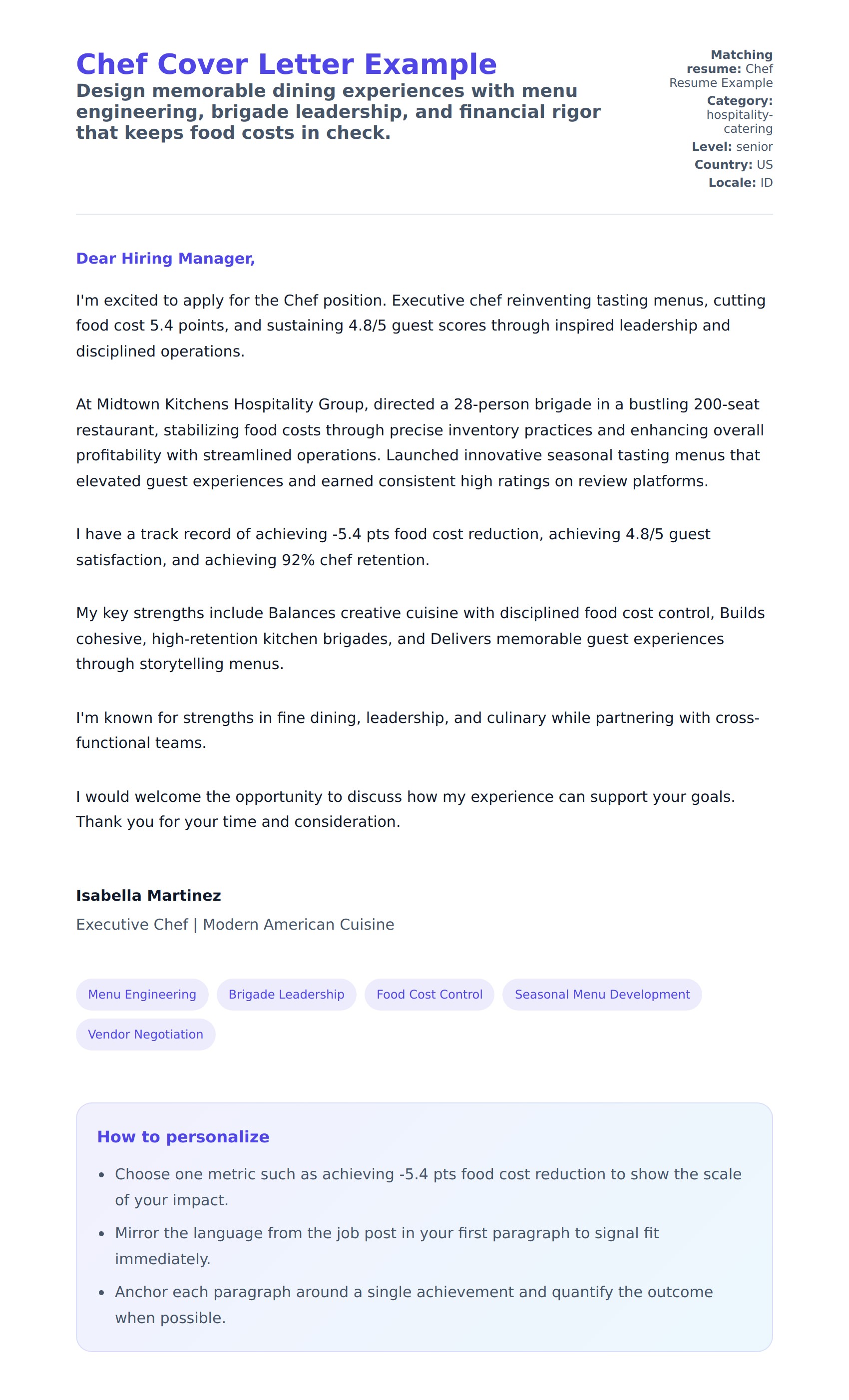 Chef Cover Letter Example
