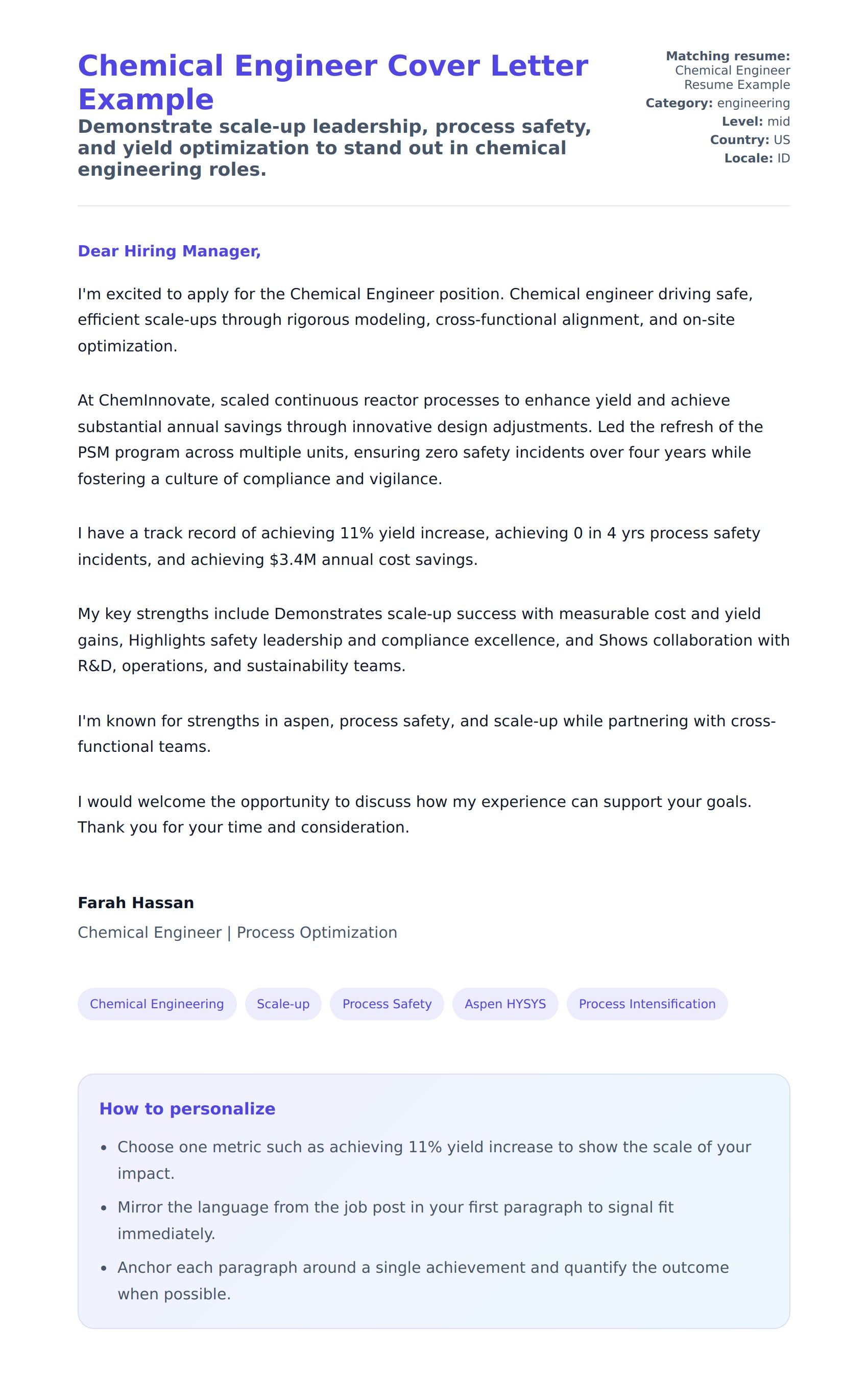 Chemical Engineer Cover Letter Example