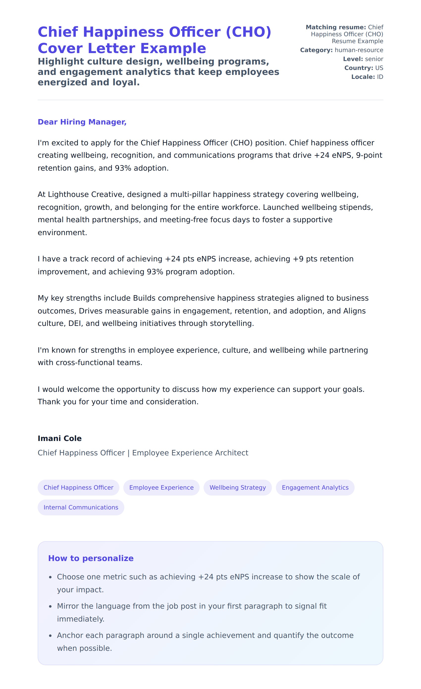 Chief Happiness Officer (CHO) Cover Letter Example