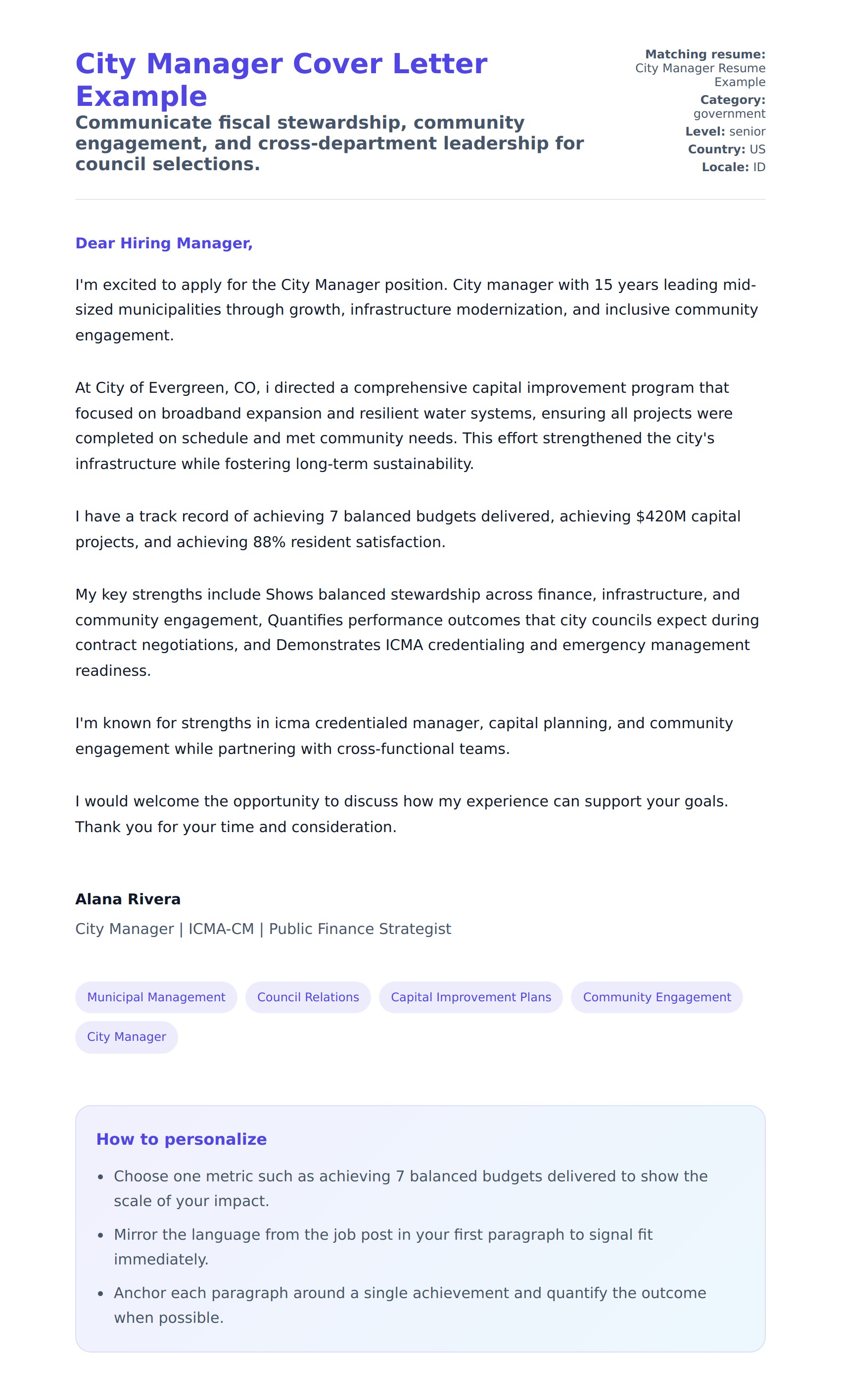 City Manager Cover Letter Example