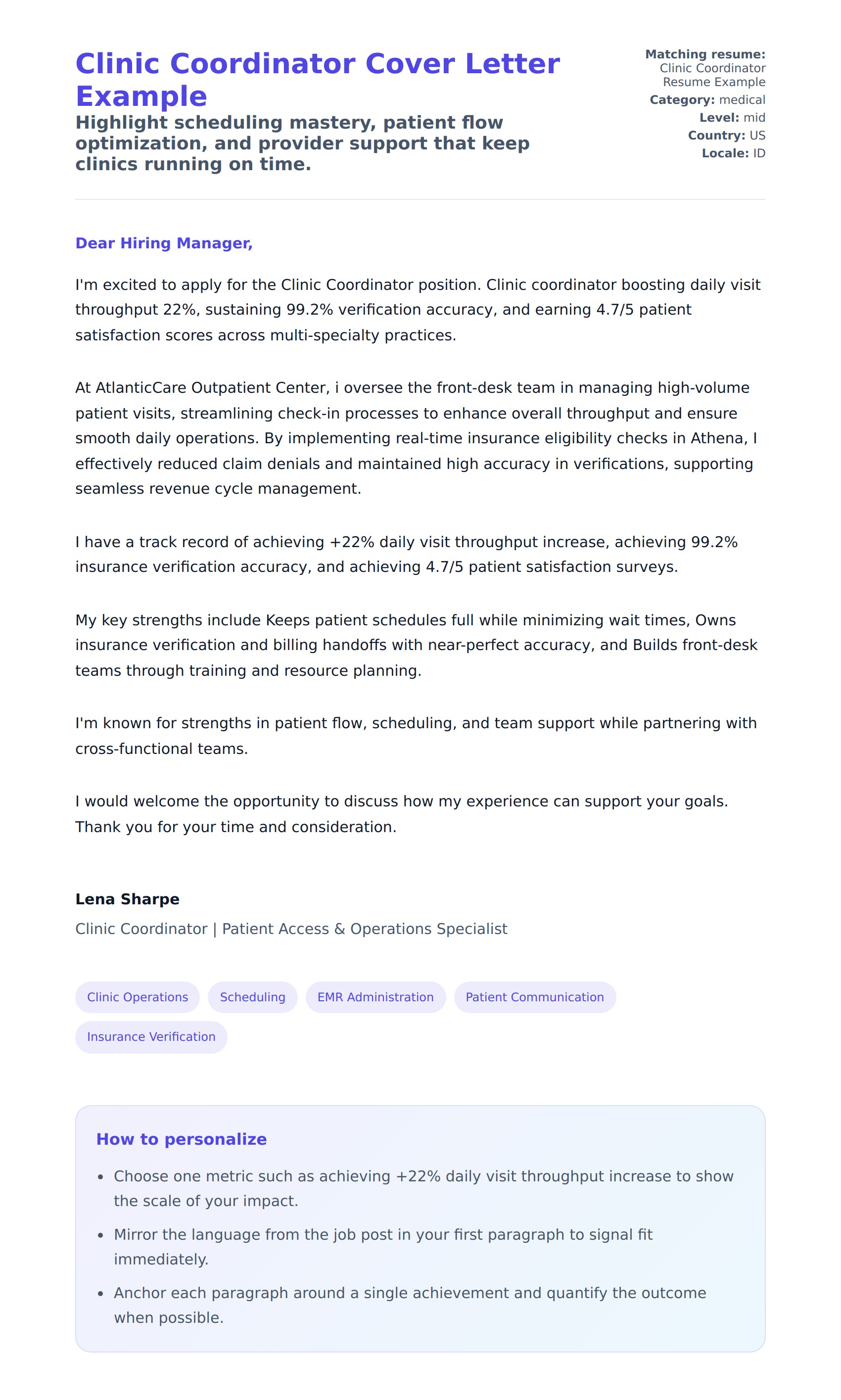 Clinic Coordinator Cover Letter Example
