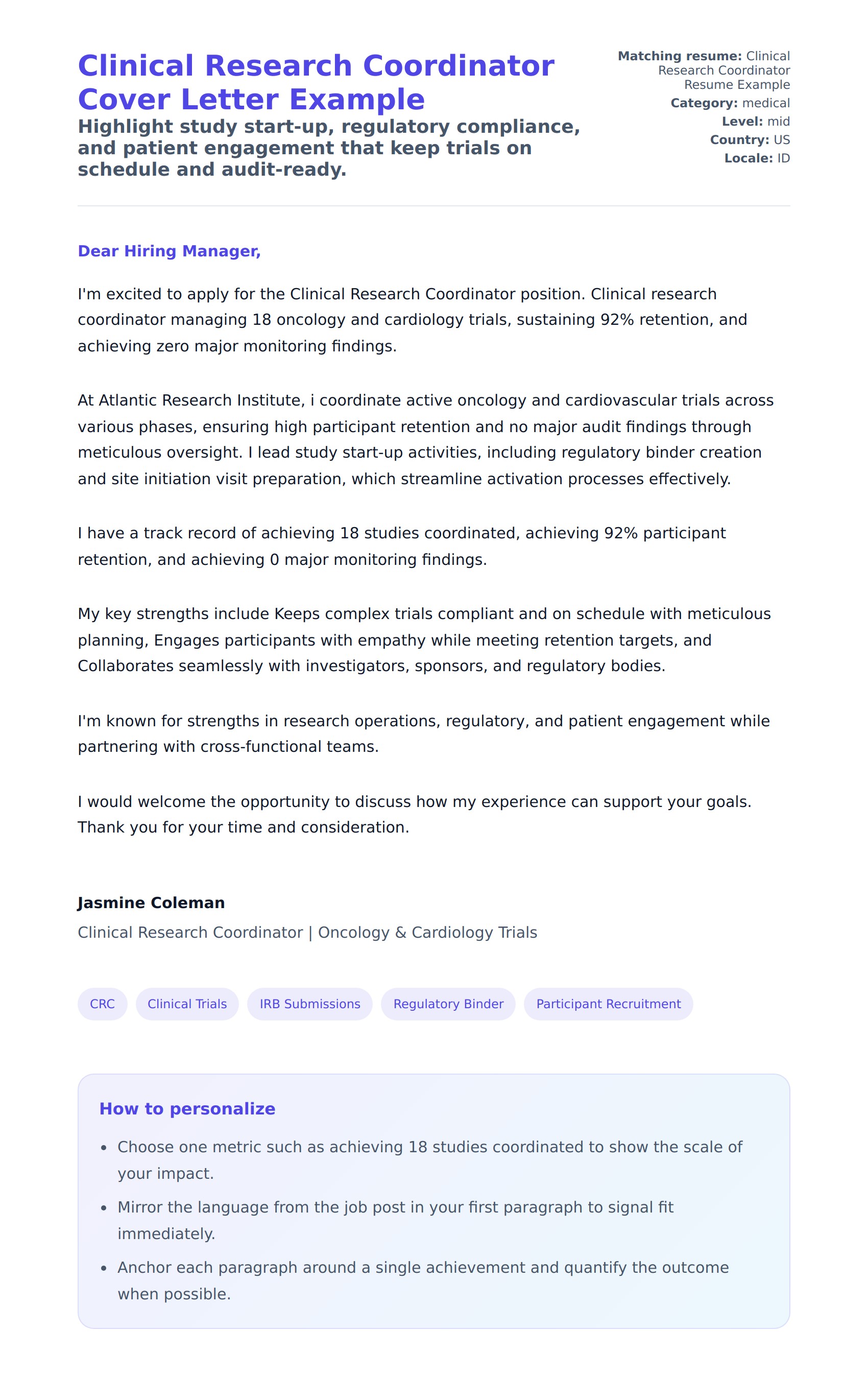 Cover Letter preview for Clinical Research Coordinator Cover Letter Example