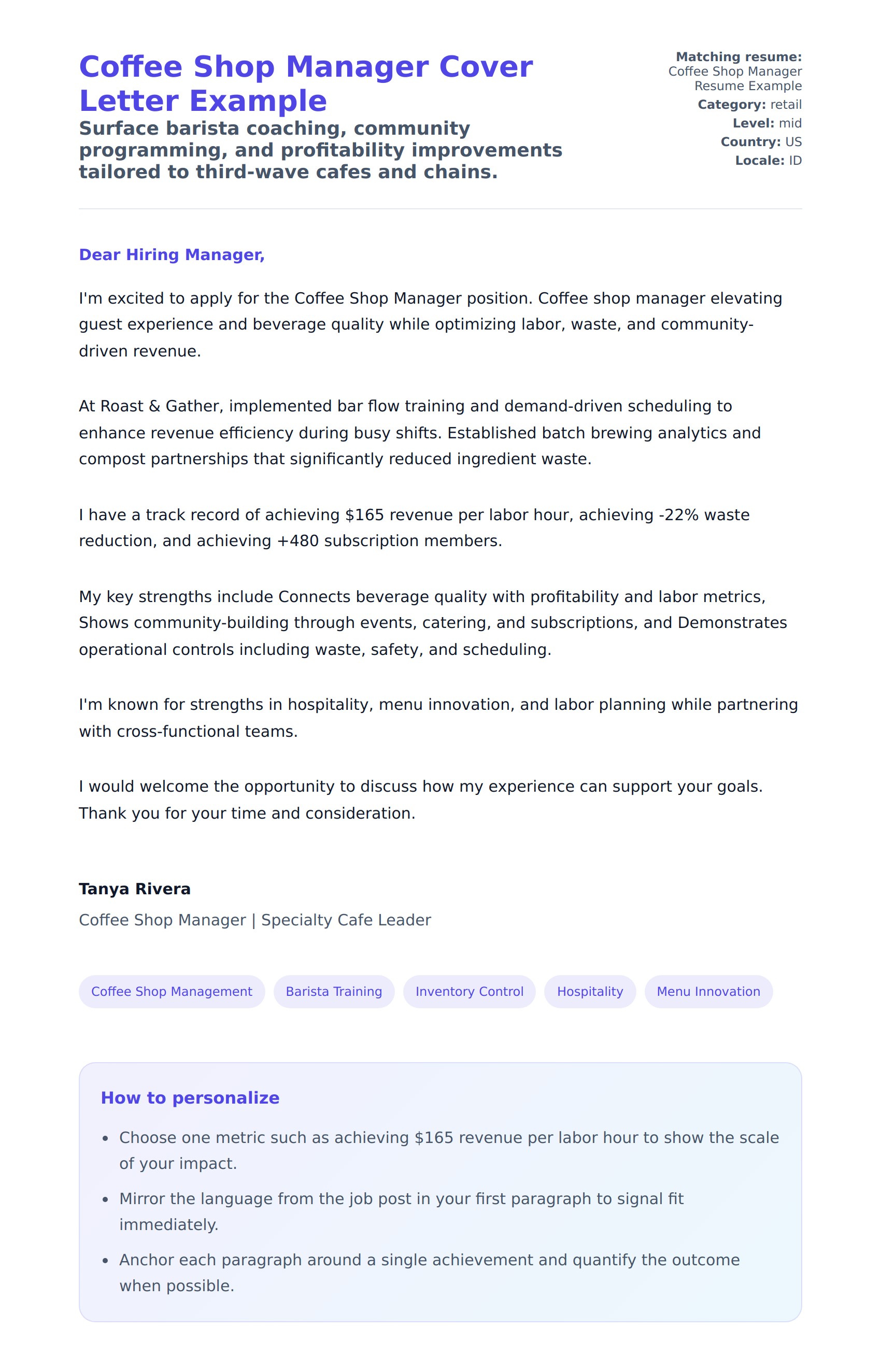 Coffee Shop Manager Cover Letter Example