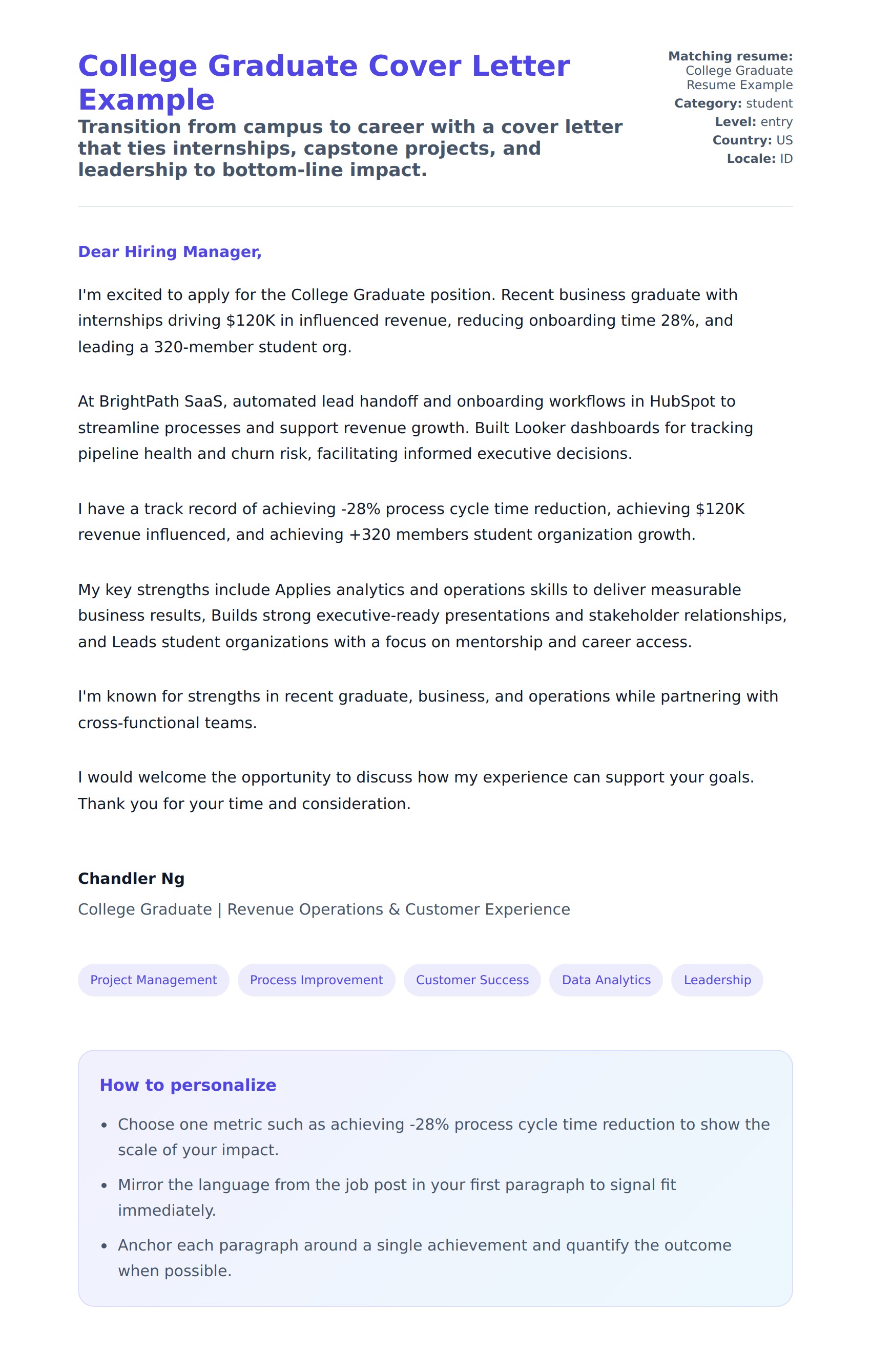 College Graduate Cover Letter Example