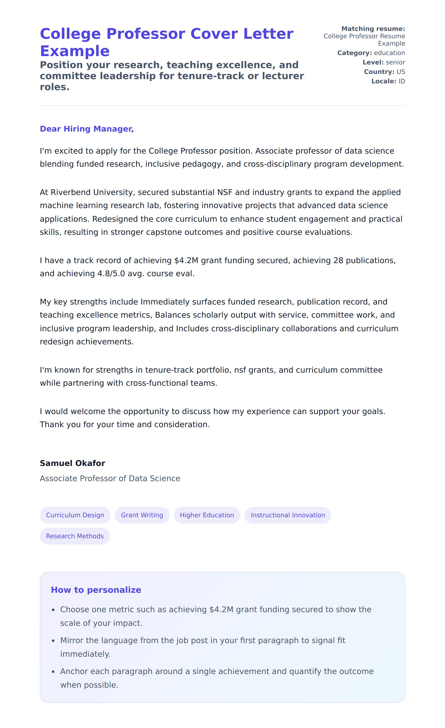 College Professor Cover Letter Example