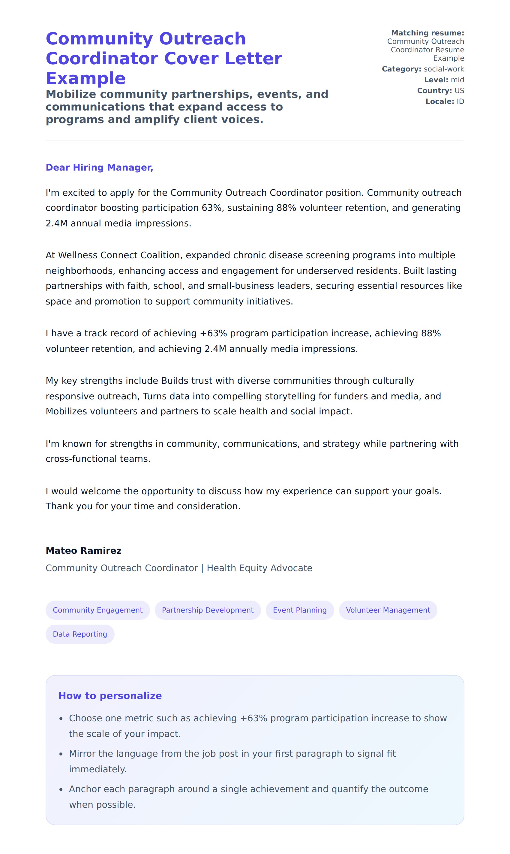 Community Outreach Coordinator Cover Letter Example