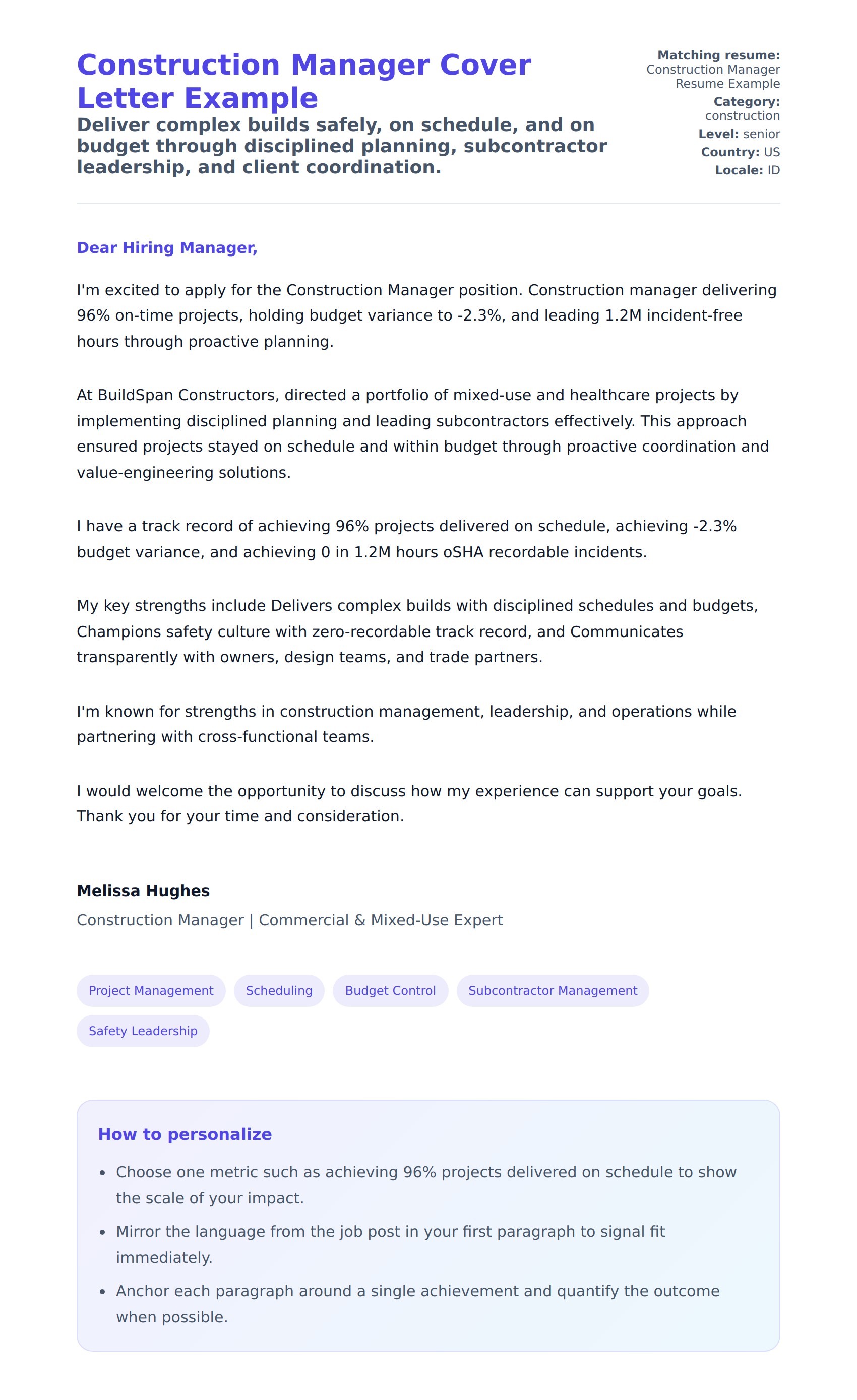 Cover Letter preview for Construction Manager Cover Letter Example