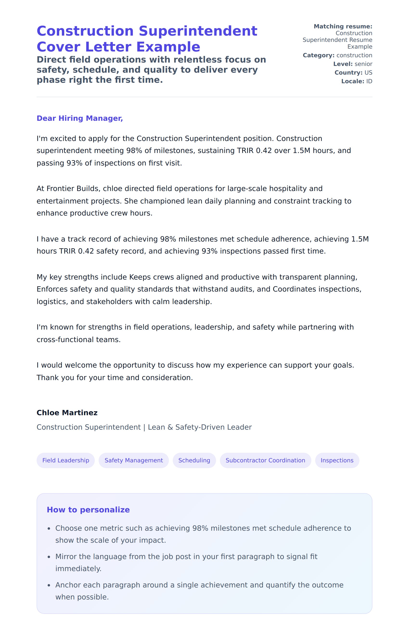 Construction Superintendent Cover Letter Example