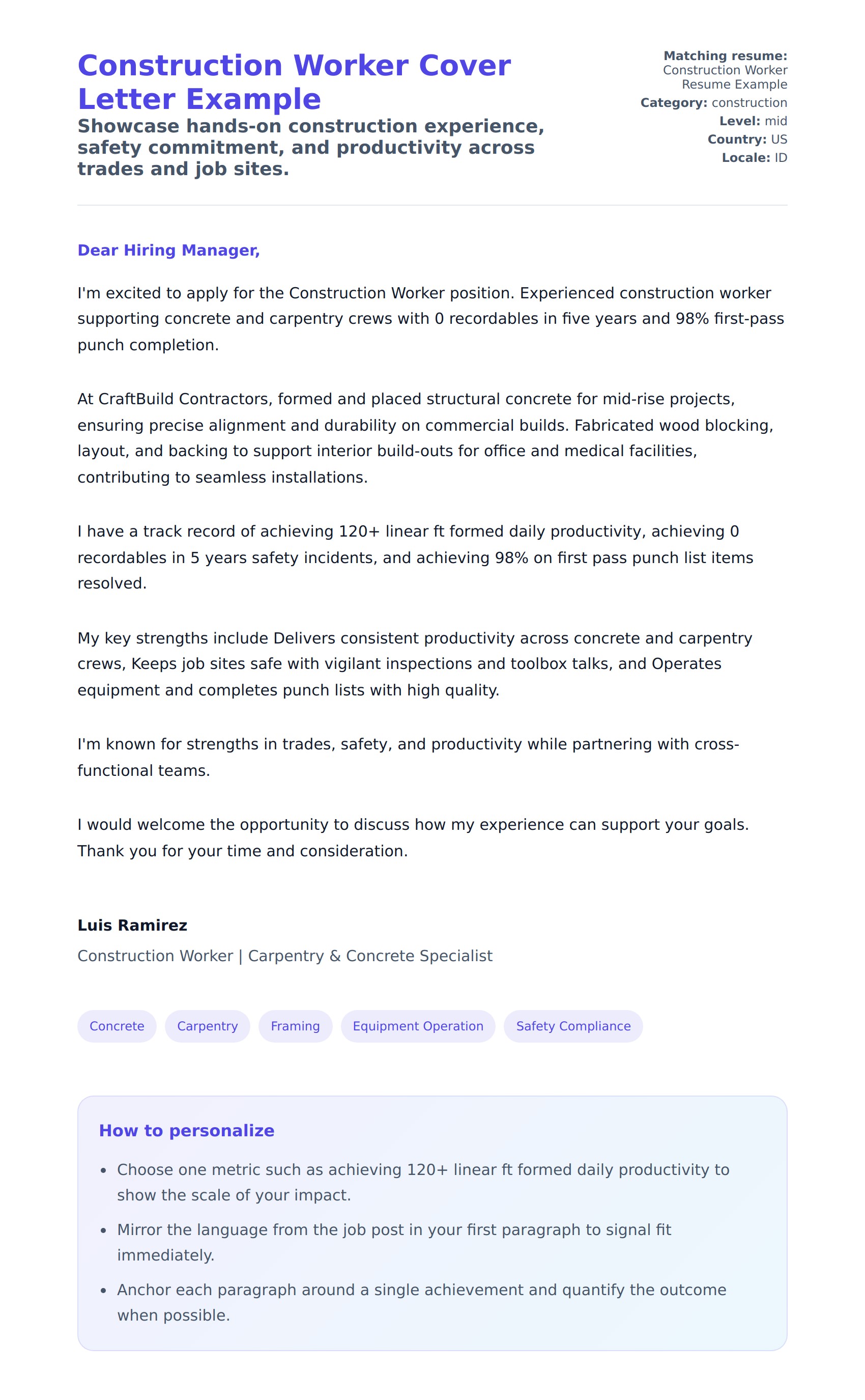 Construction Worker Cover Letter Example