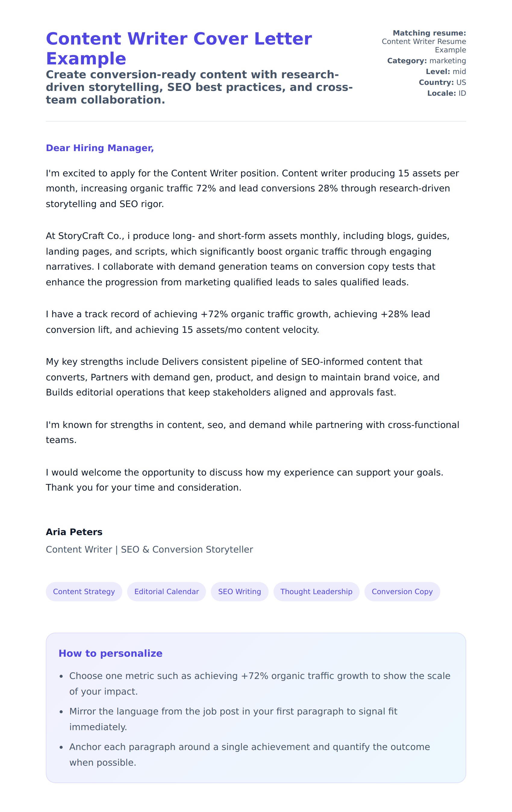 Content Writer Cover Letter Example