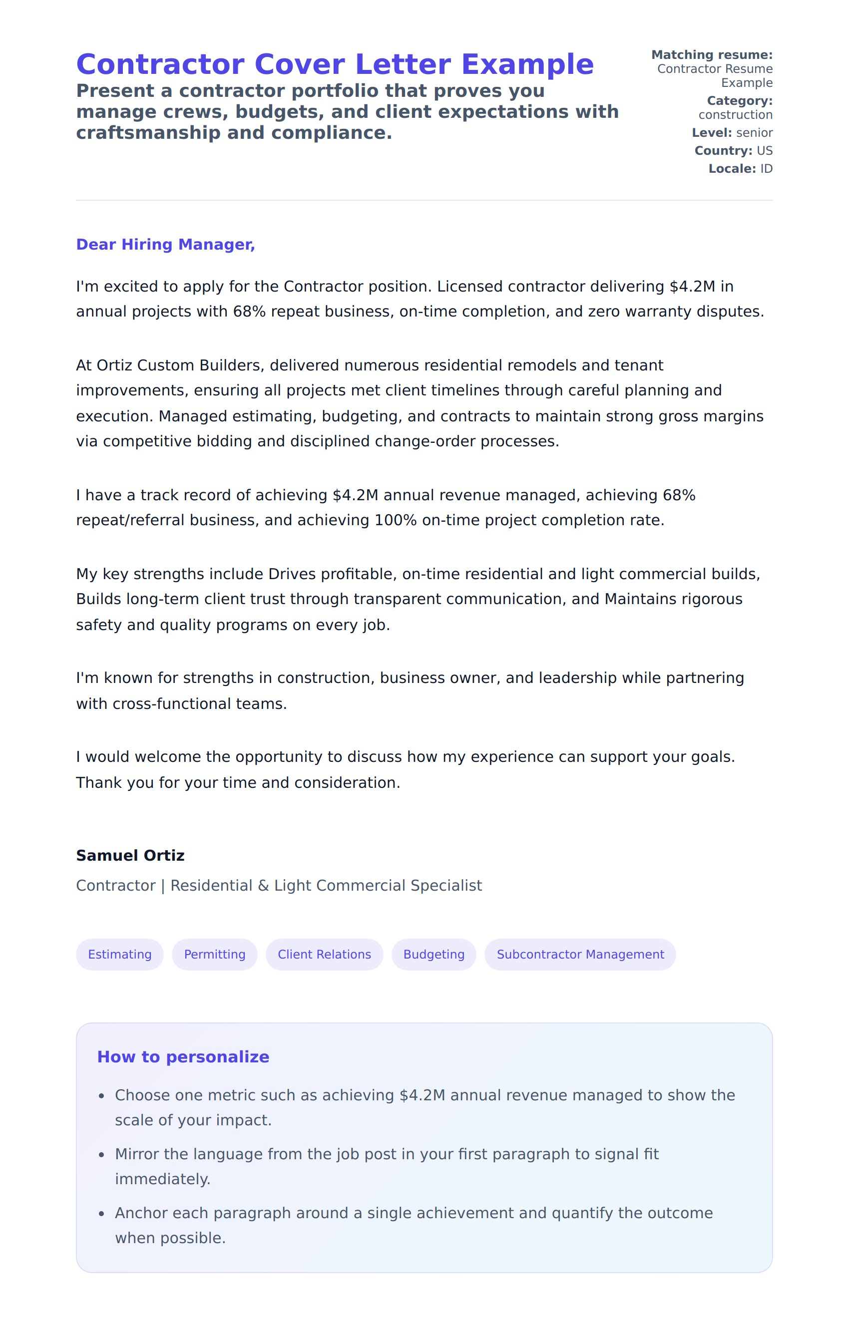 Contractor Cover Letter Example