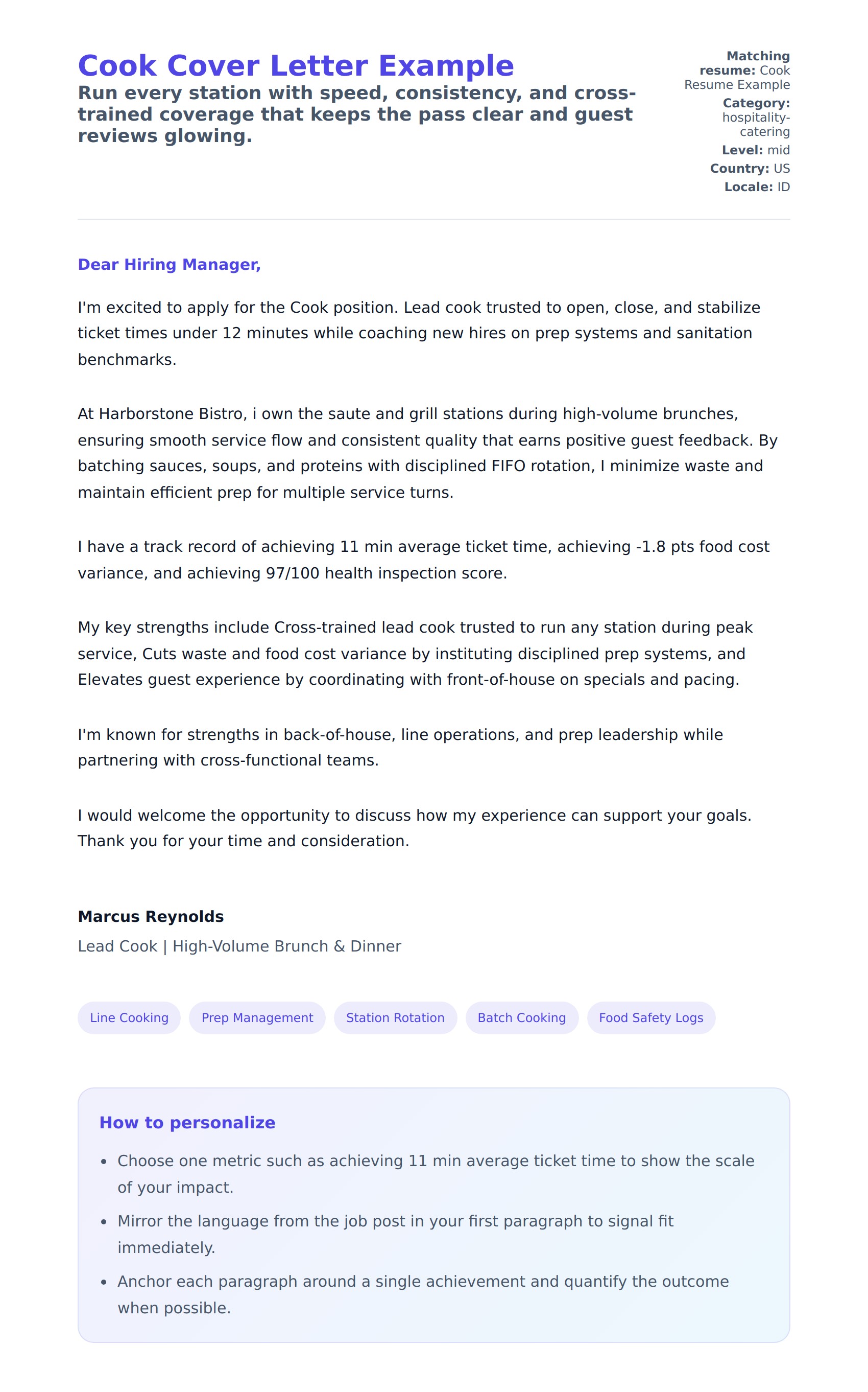 Cover Letter preview for Cook Cover Letter Example