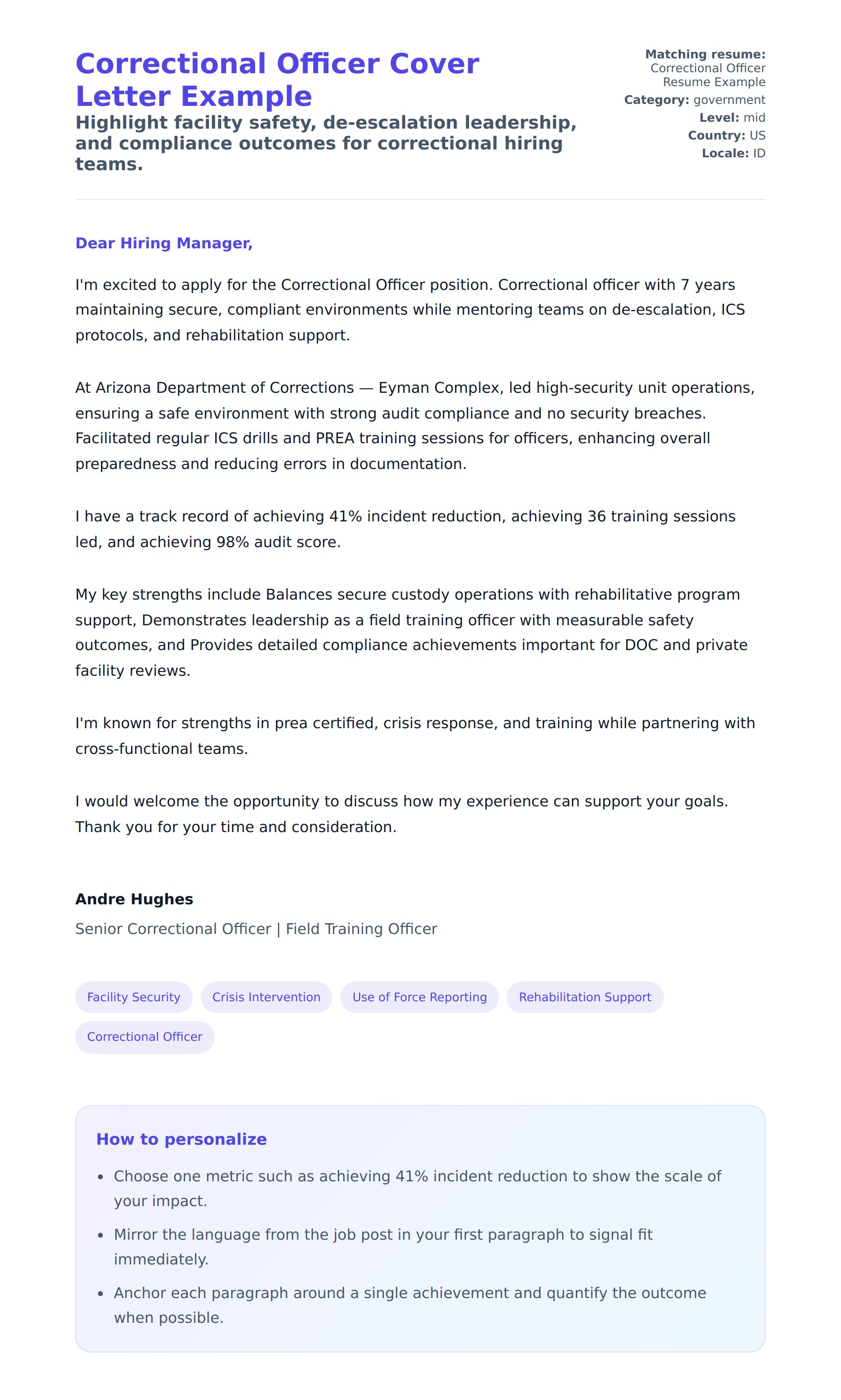 Correctional Officer Cover Letter Example