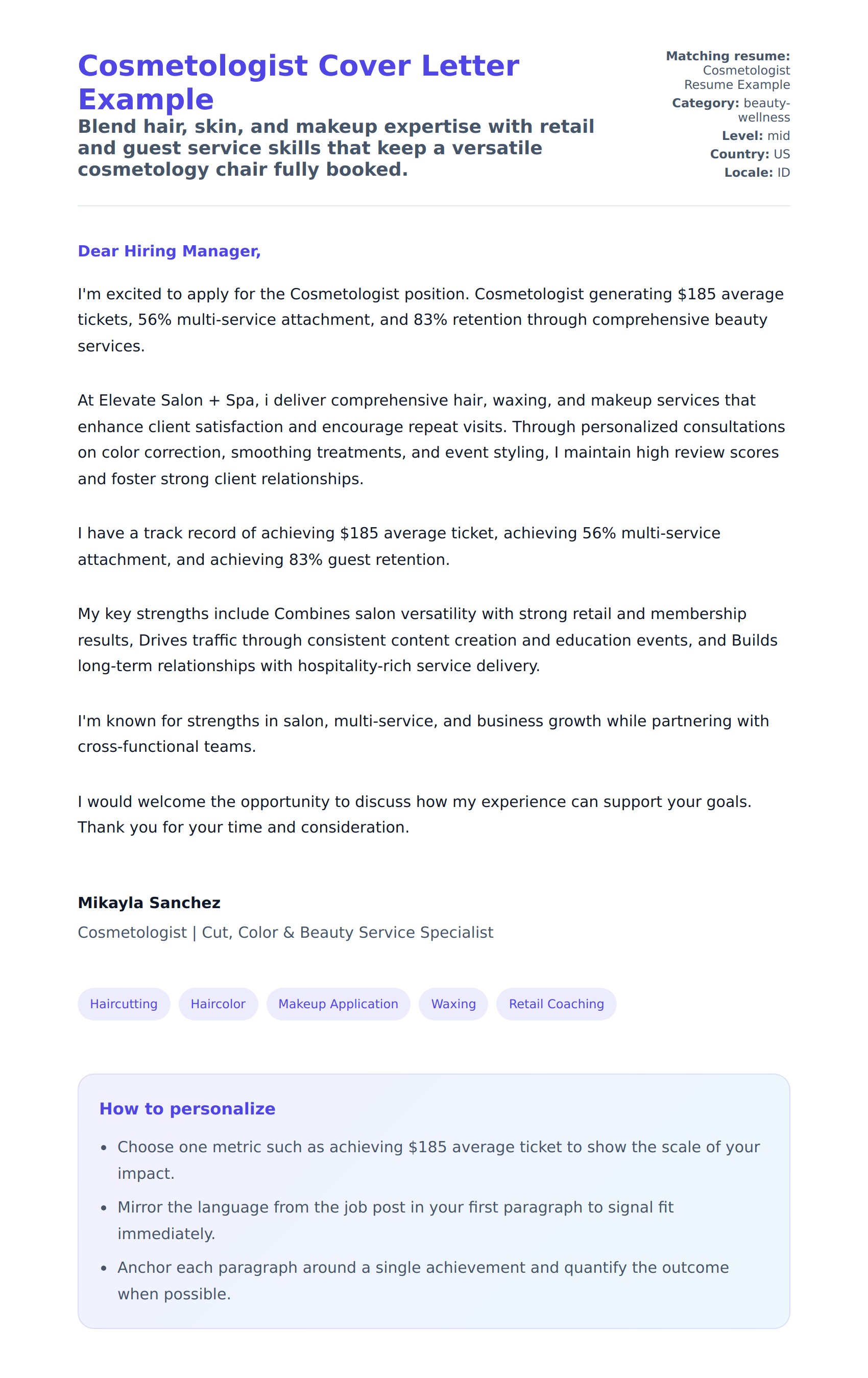 Cosmetologist Cover Letter Example