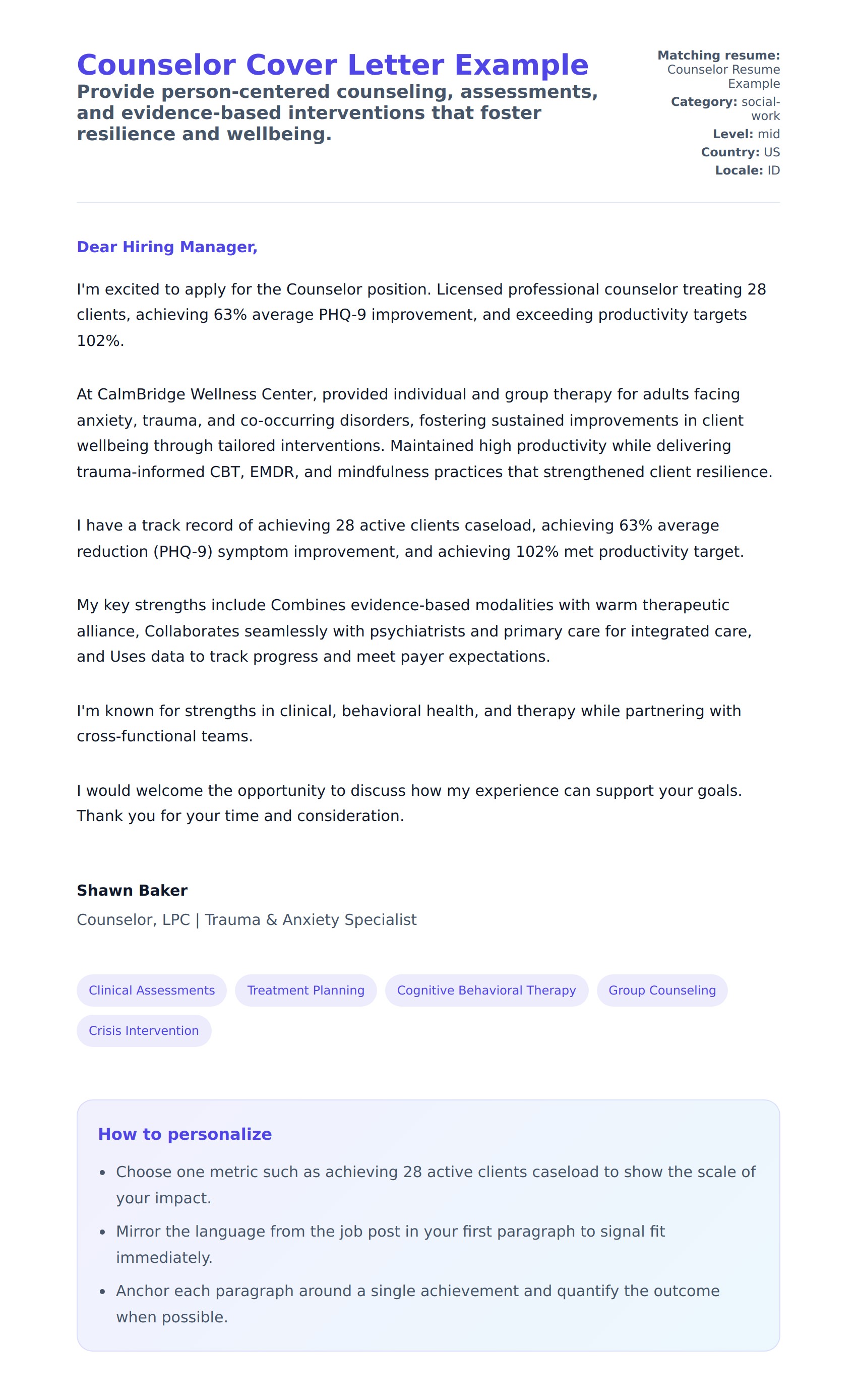 Cover Letter preview for Counselor Cover Letter Example