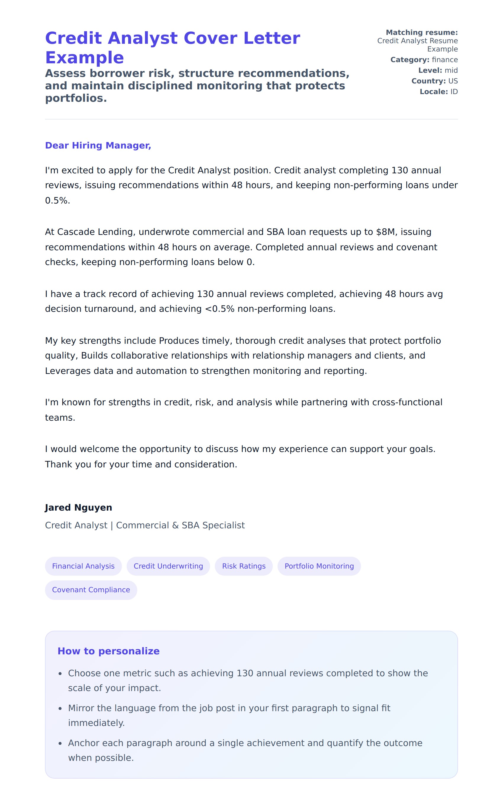Cover Letter preview for Credit Analyst Cover Letter Example