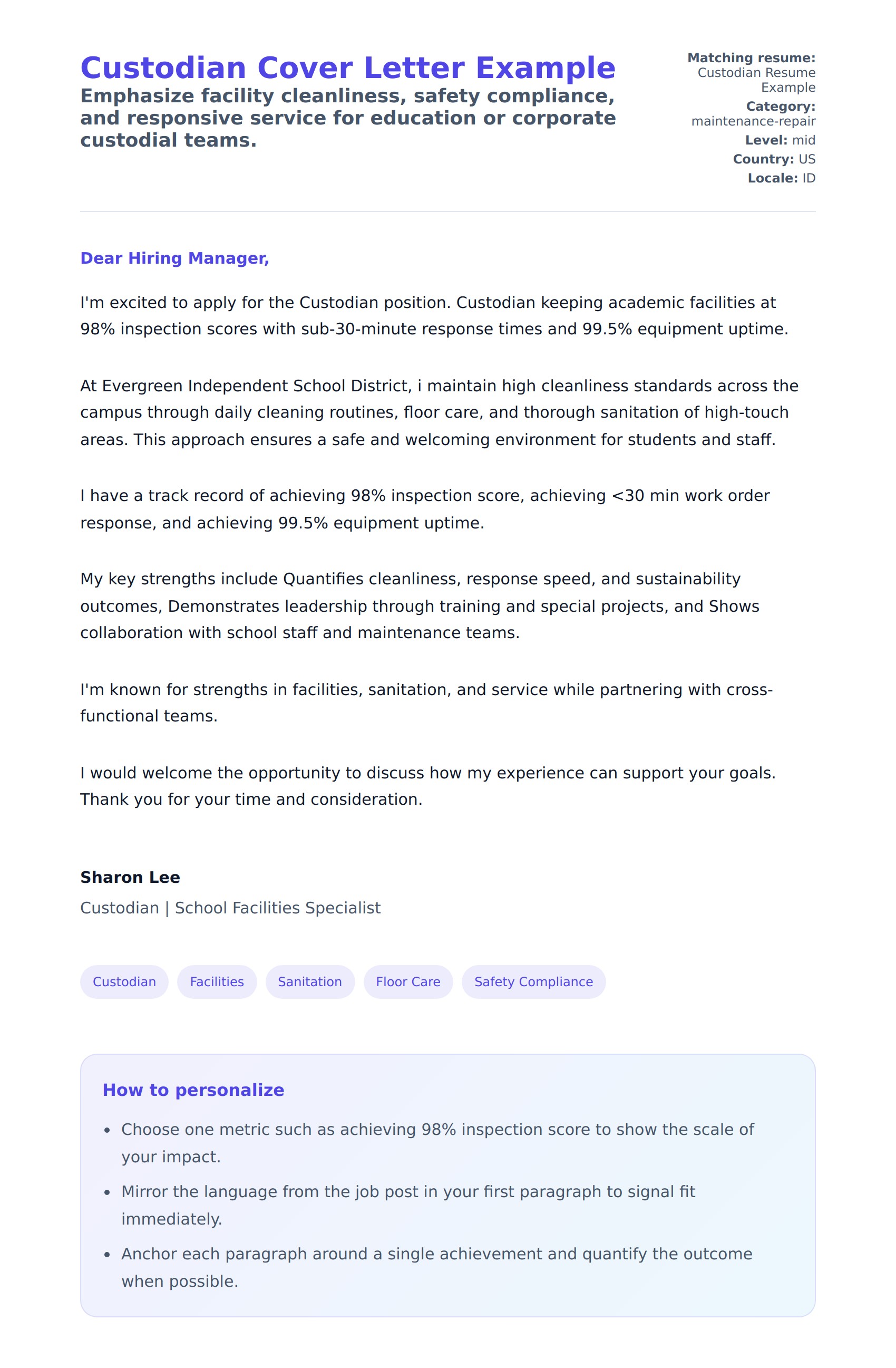 Cover Letter preview for Custodian Cover Letter Example