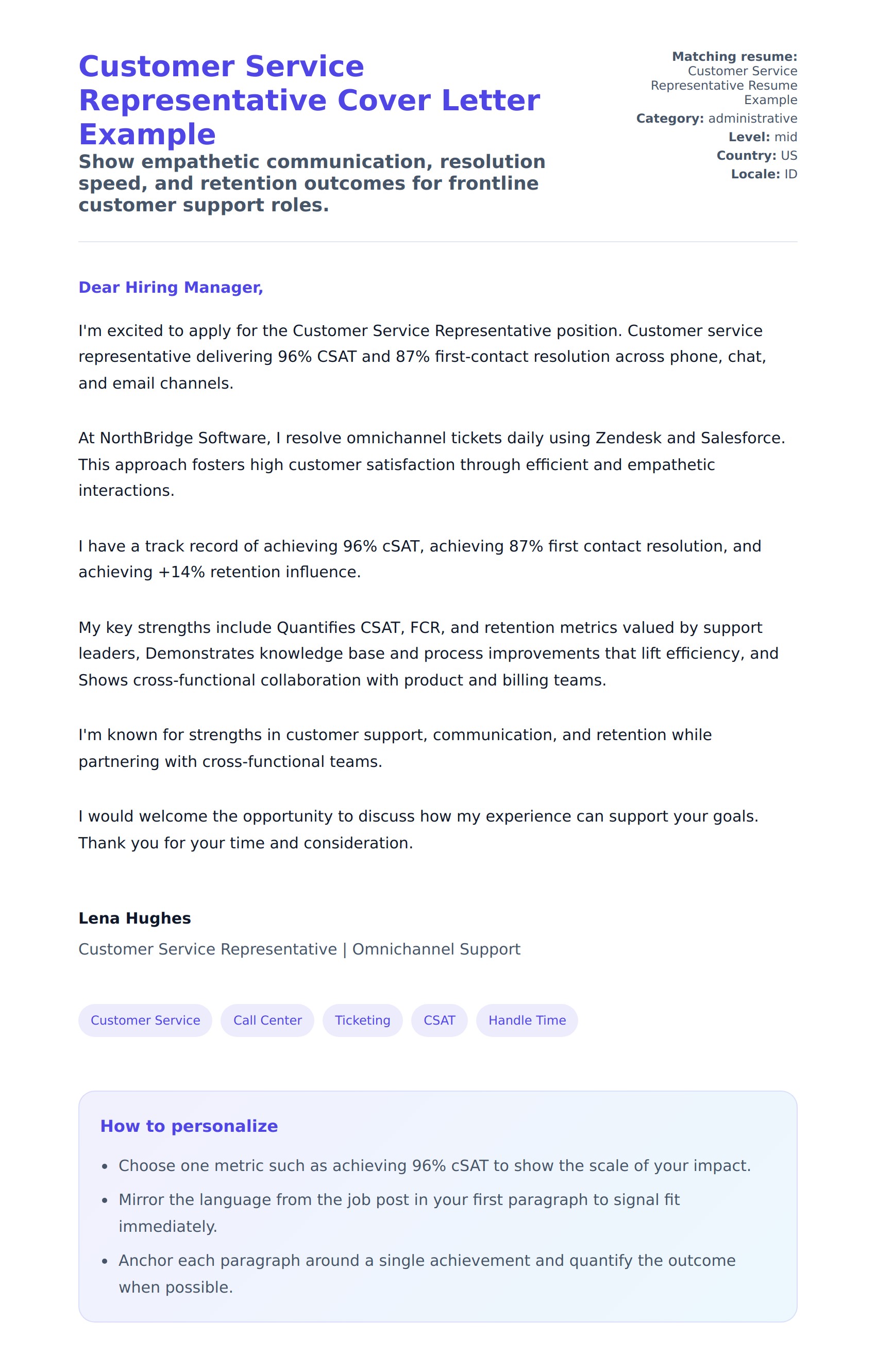 Cover Letter preview for Customer Service Representative Cover Letter Example
