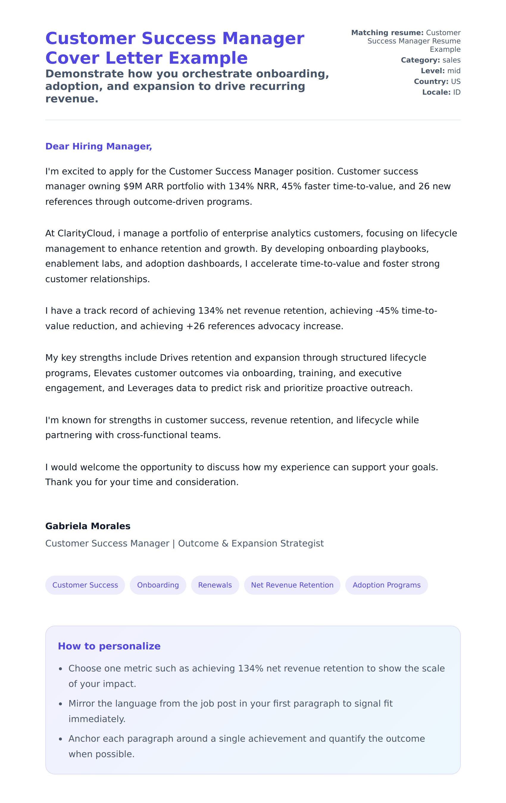 Customer Success Manager Cover Letter Example