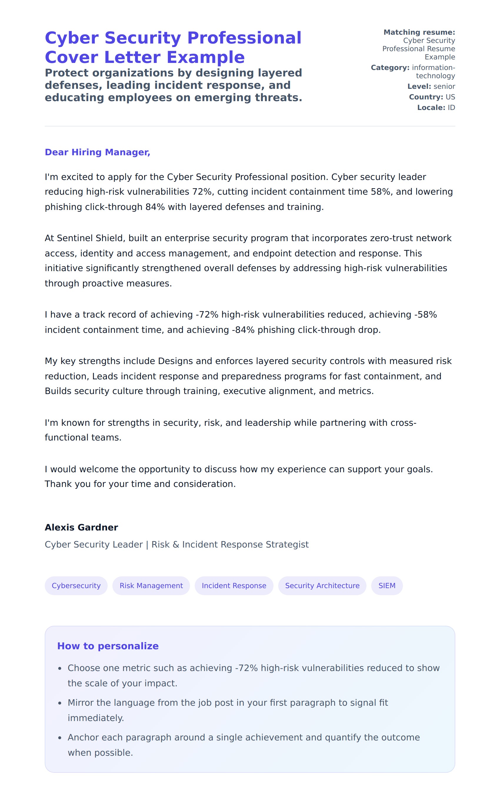 Cover Letter preview for Cyber Security Professional Cover Letter Example