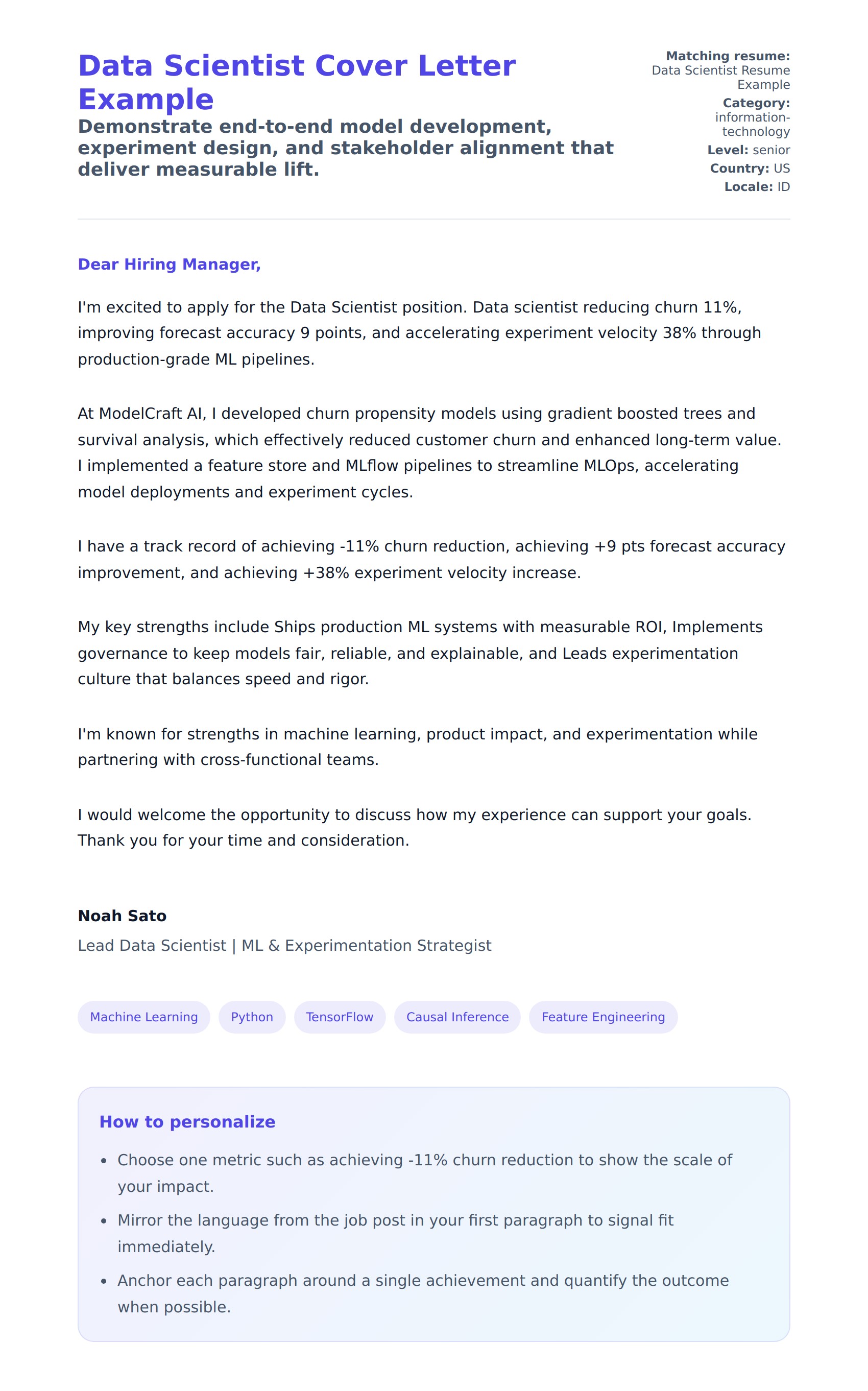 Cover Letter preview for Data Scientist Cover Letter Example