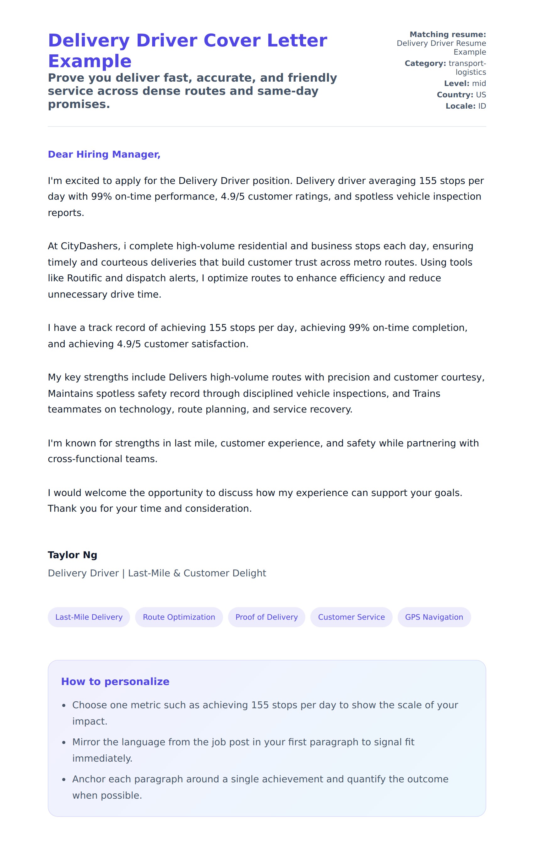 Delivery Driver Cover Letter Example
