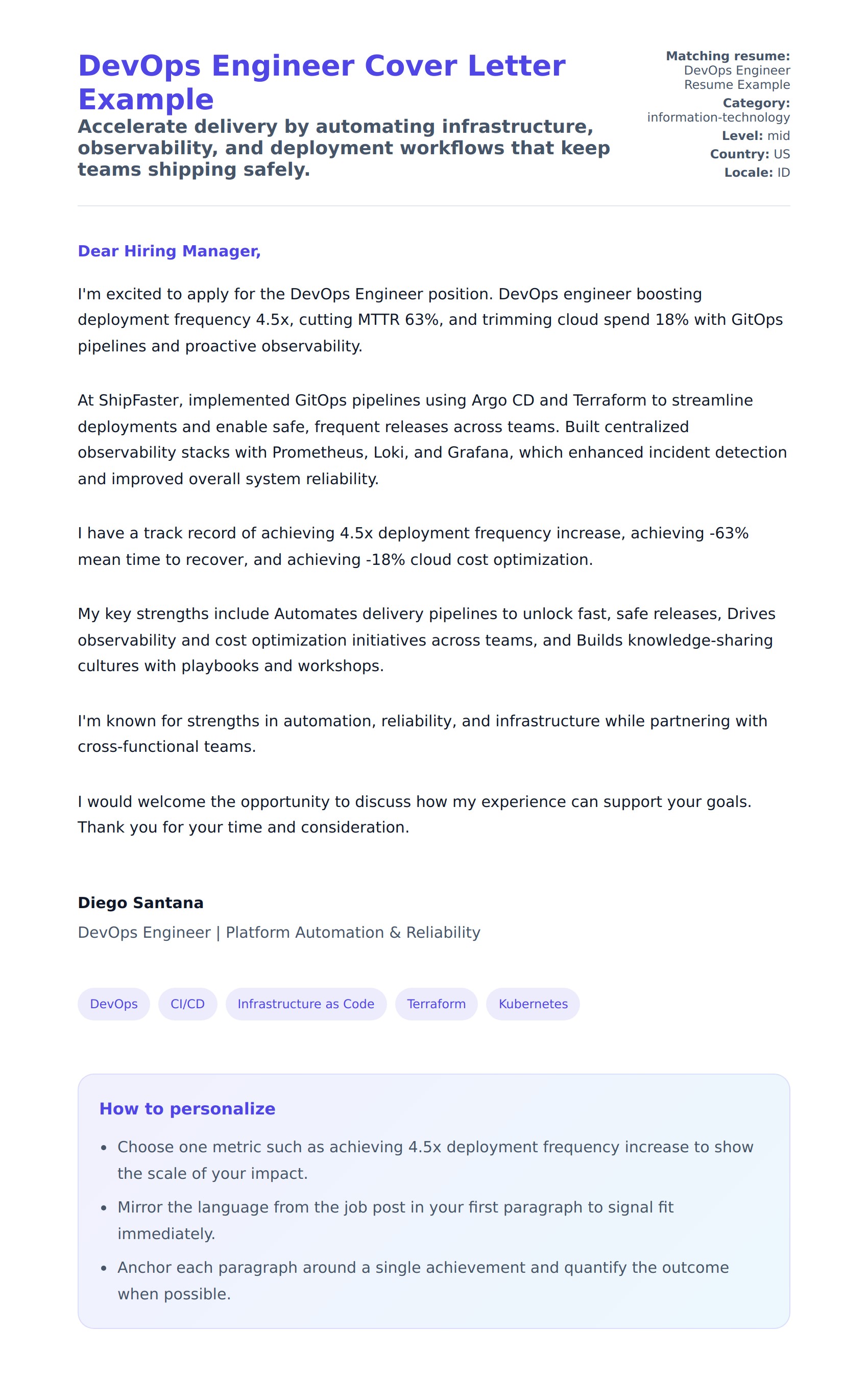 Cover Letter preview for DevOps Engineer Cover Letter Example