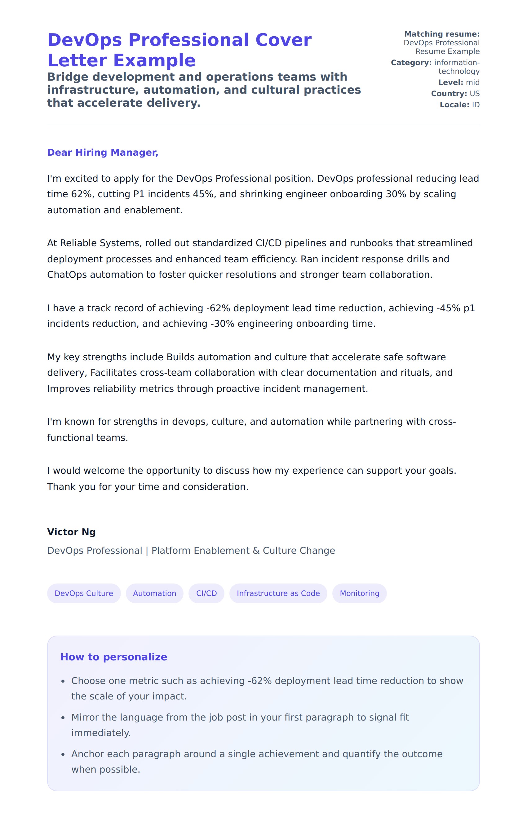 Cover Letter preview for DevOps Professional Cover Letter Example