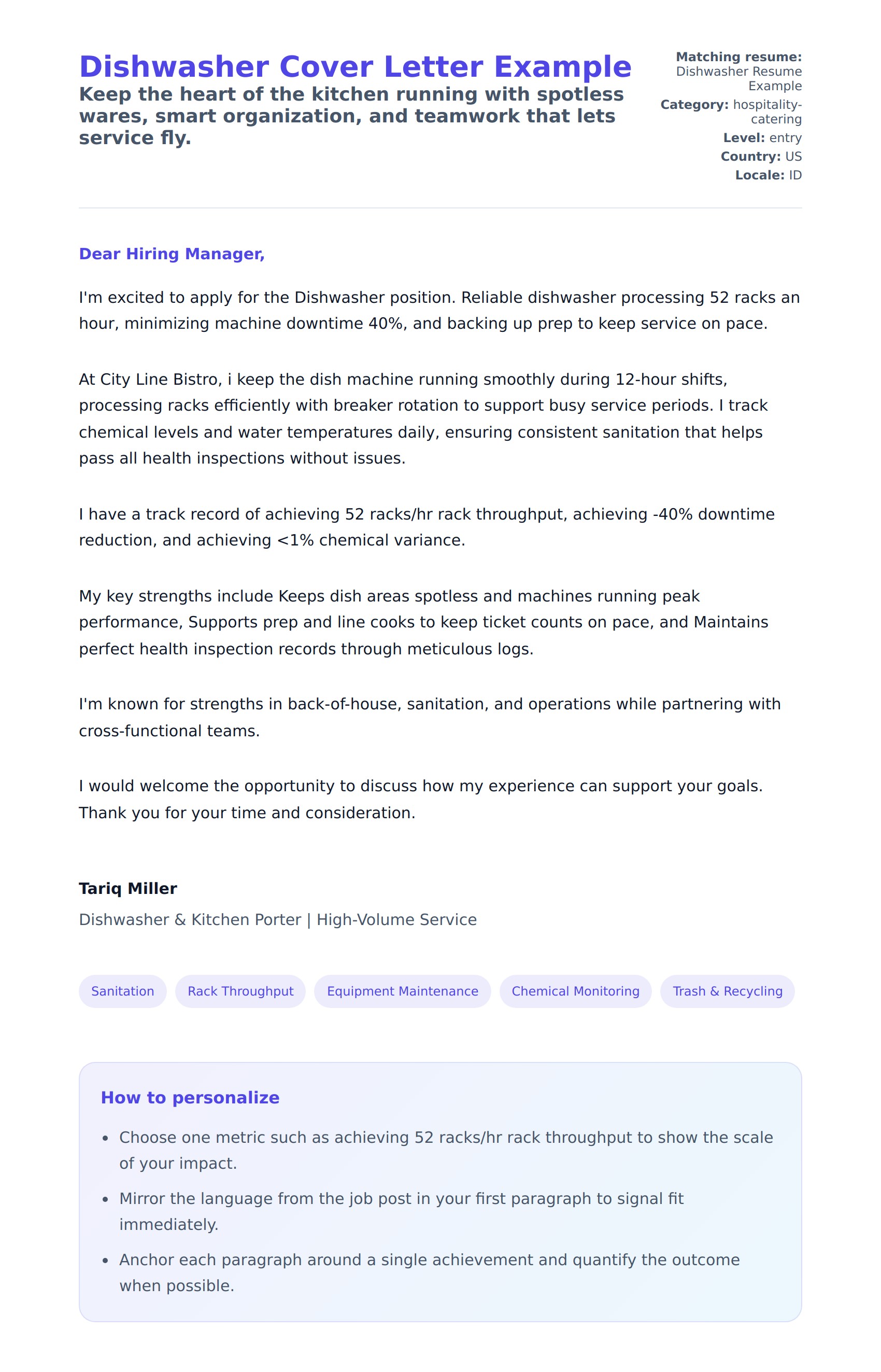 Cover Letter preview for Dishwasher Cover Letter Example