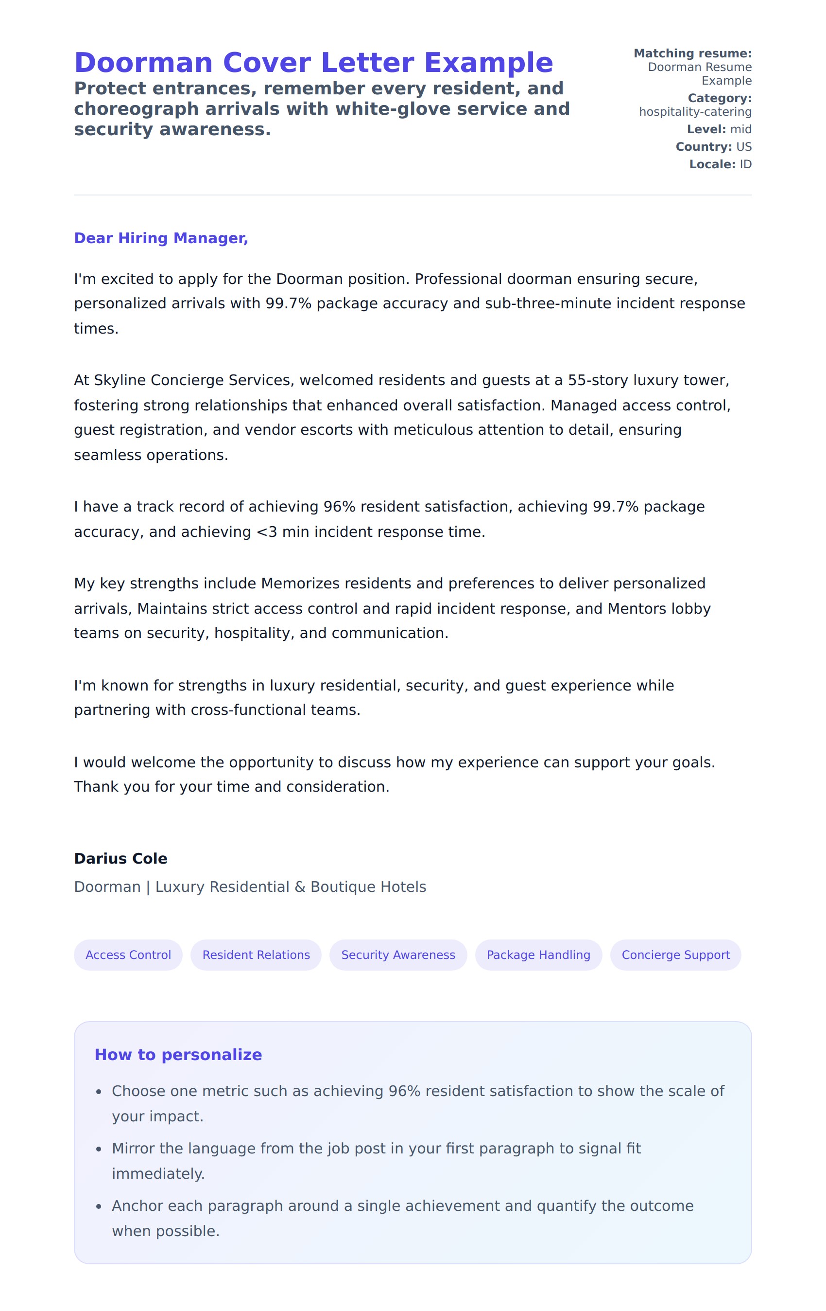Cover Letter preview for Doorman Cover Letter Example