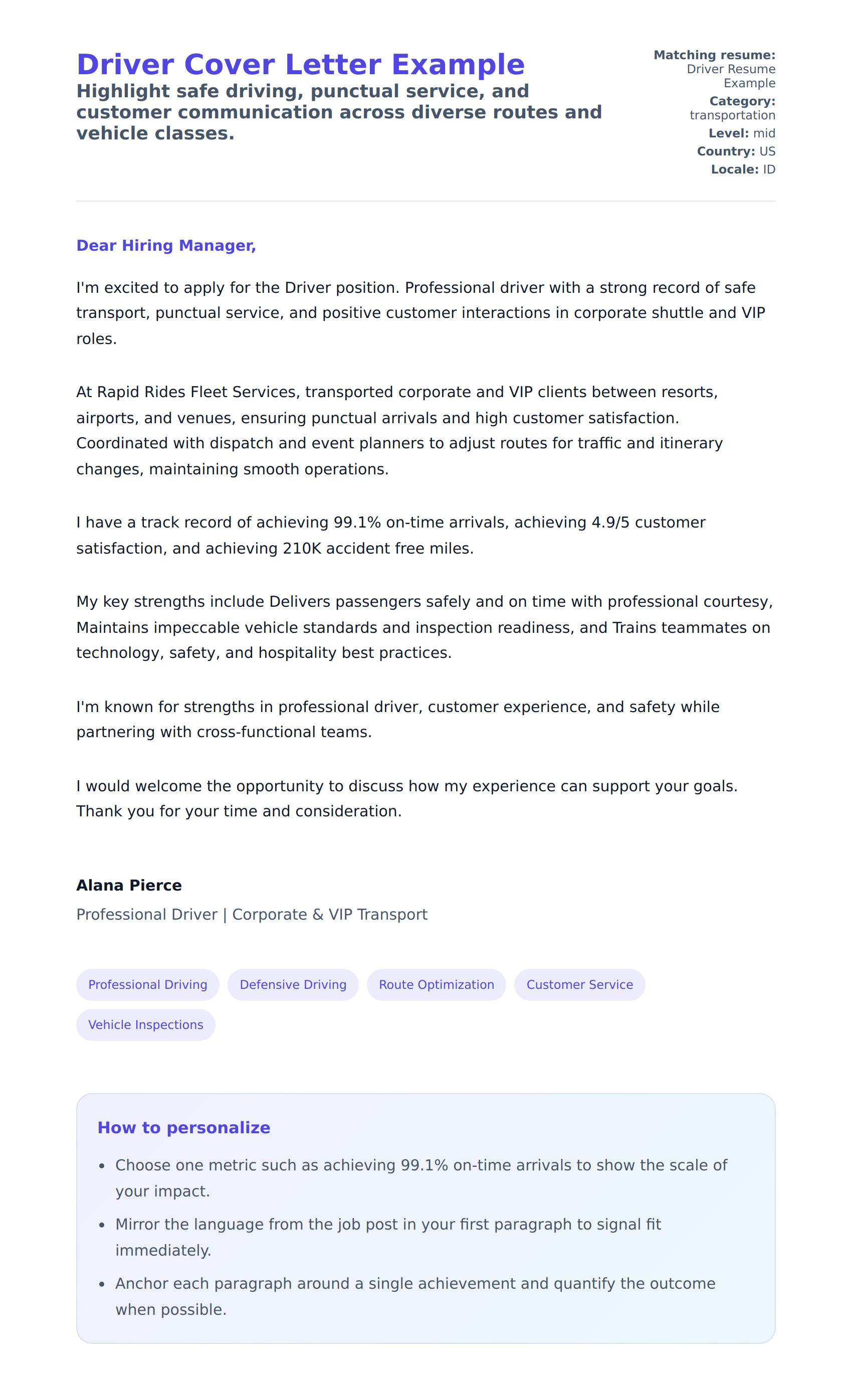 Driver Cover Letter Example