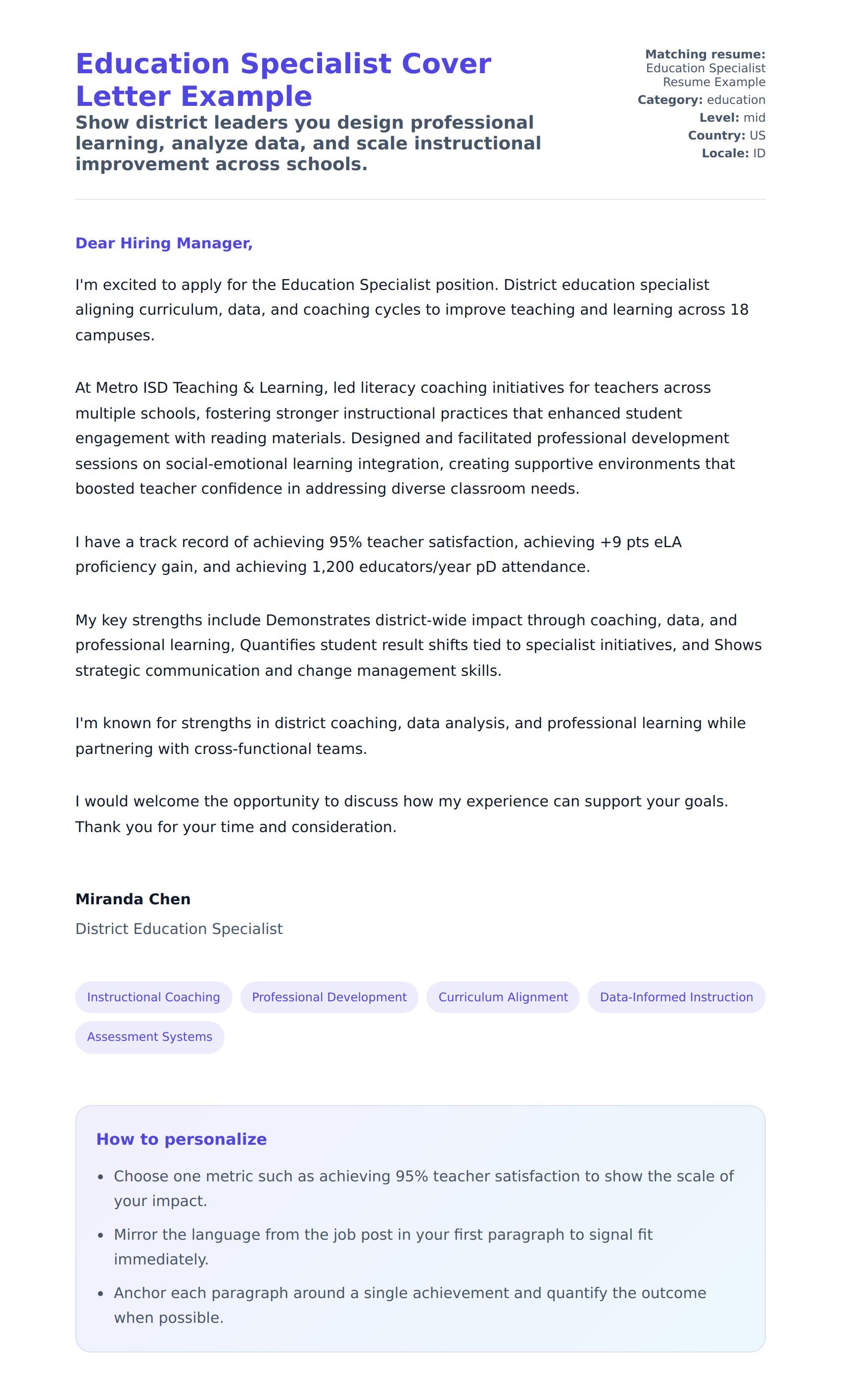 Cover Letter preview for Education Specialist Cover Letter Example