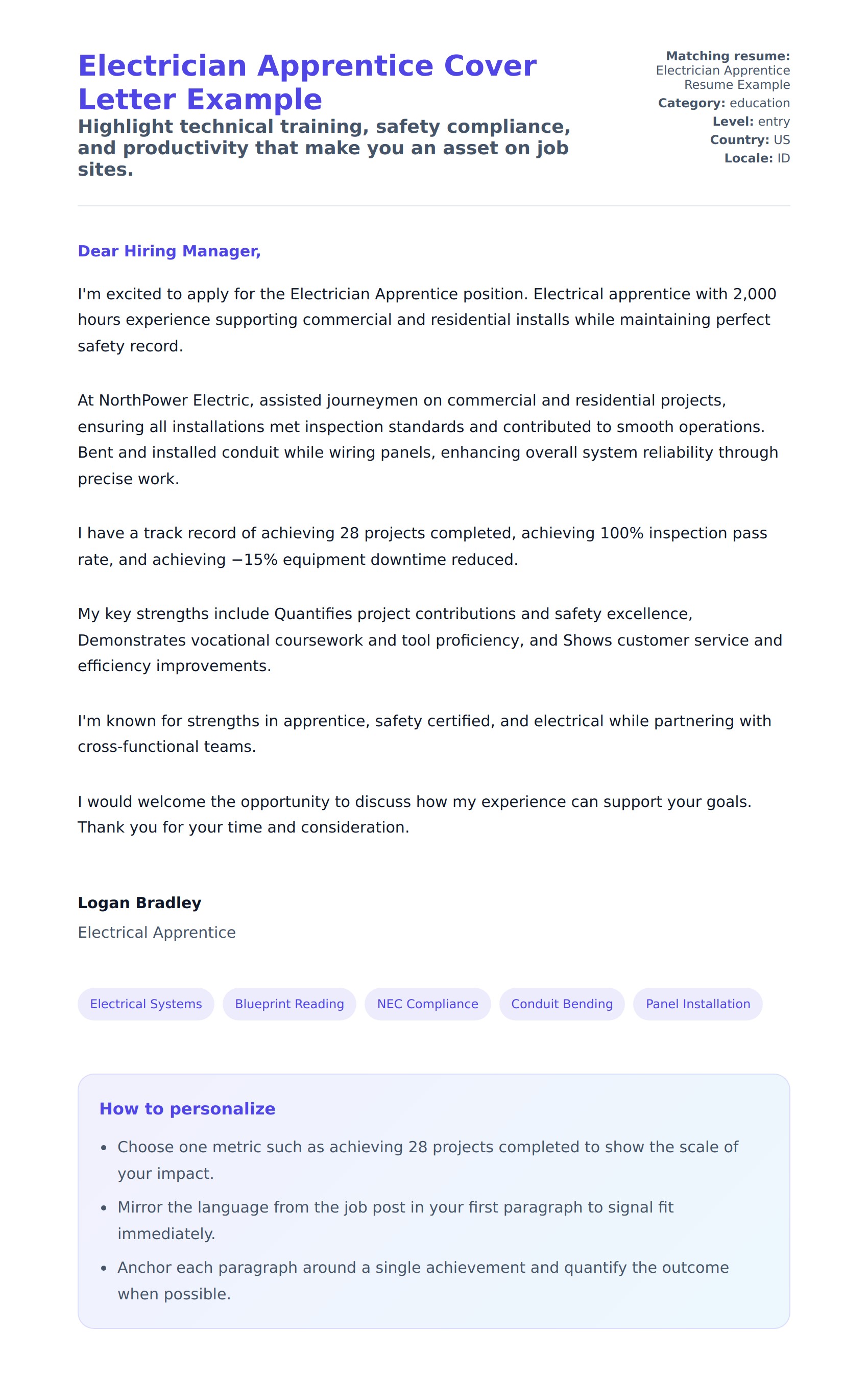 Cover Letter preview for Electrician Apprentice Cover Letter Example