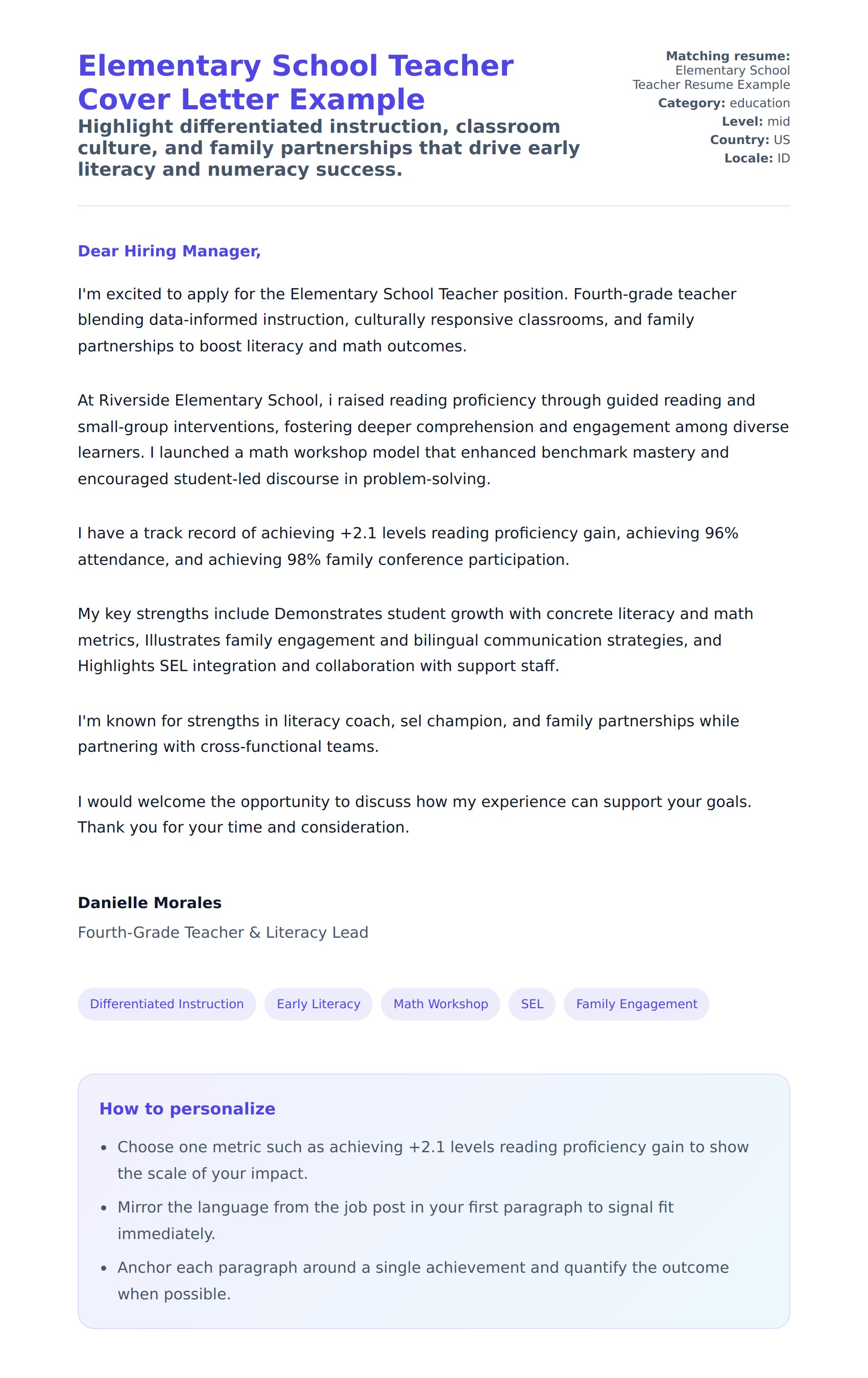 Elementary School Teacher Cover Letter Example