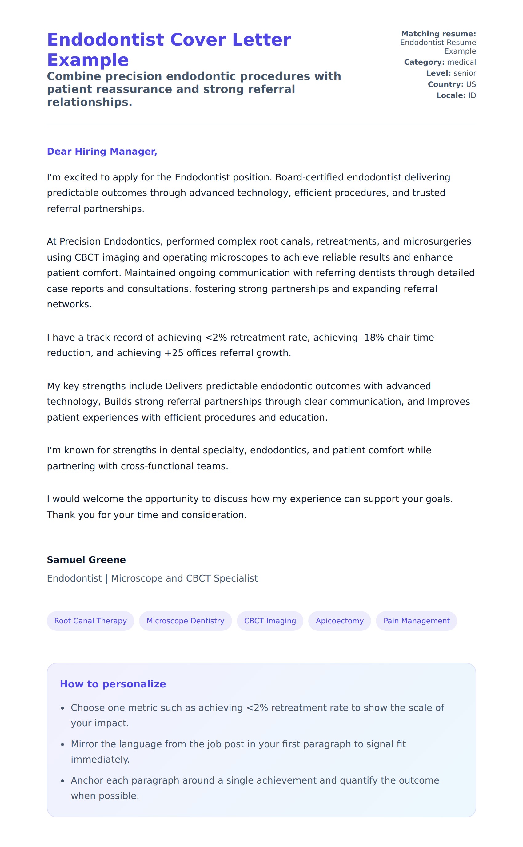 Cover Letter preview for Endodontist Cover Letter Example