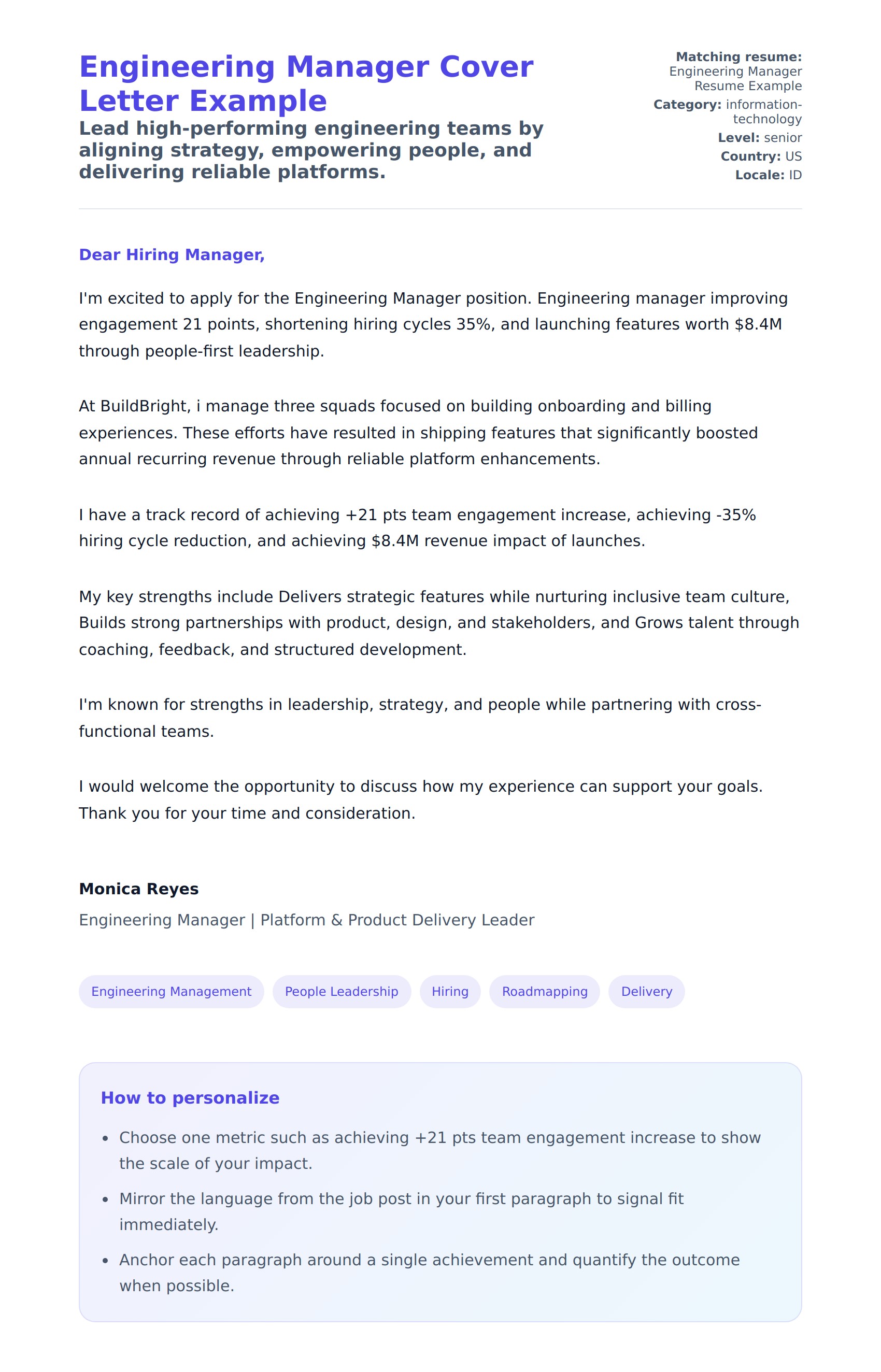 Cover Letter preview for Engineering Manager Cover Letter Example