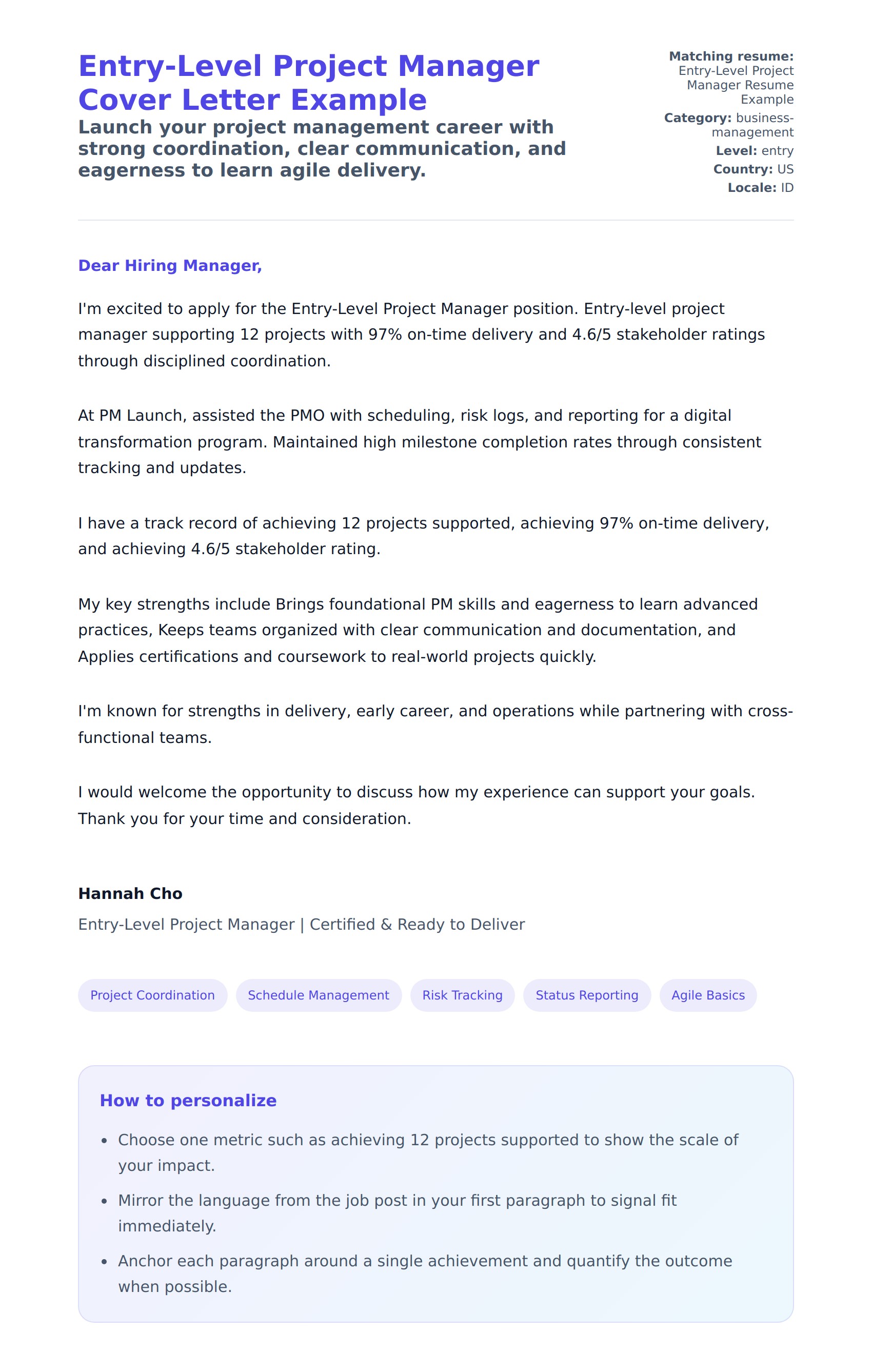 Cover Letter preview for Entry-Level Project Manager Cover Letter Example