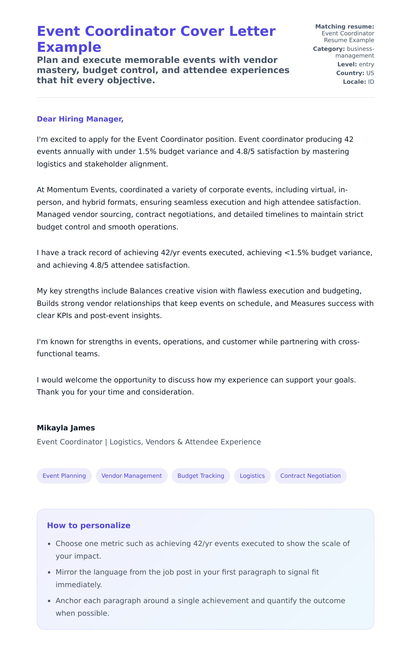 Cover Letter preview for Event Coordinator Cover Letter Example