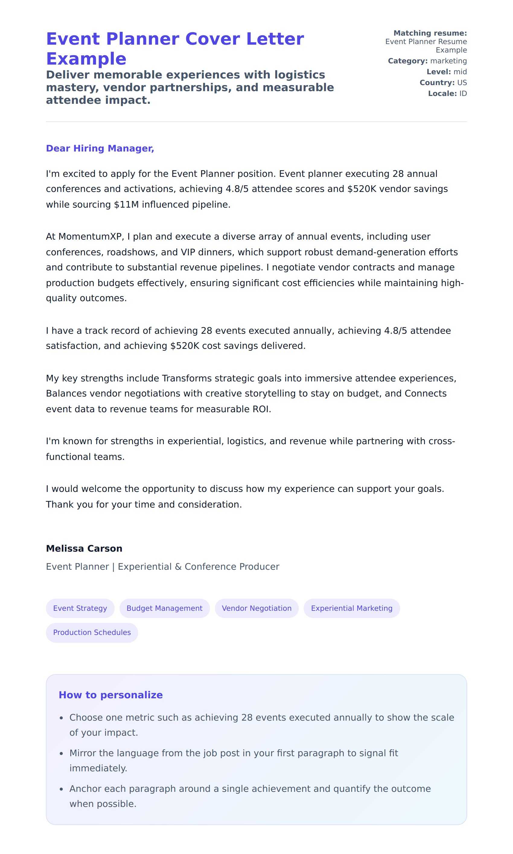 Cover Letter preview for Event Planner Cover Letter Example