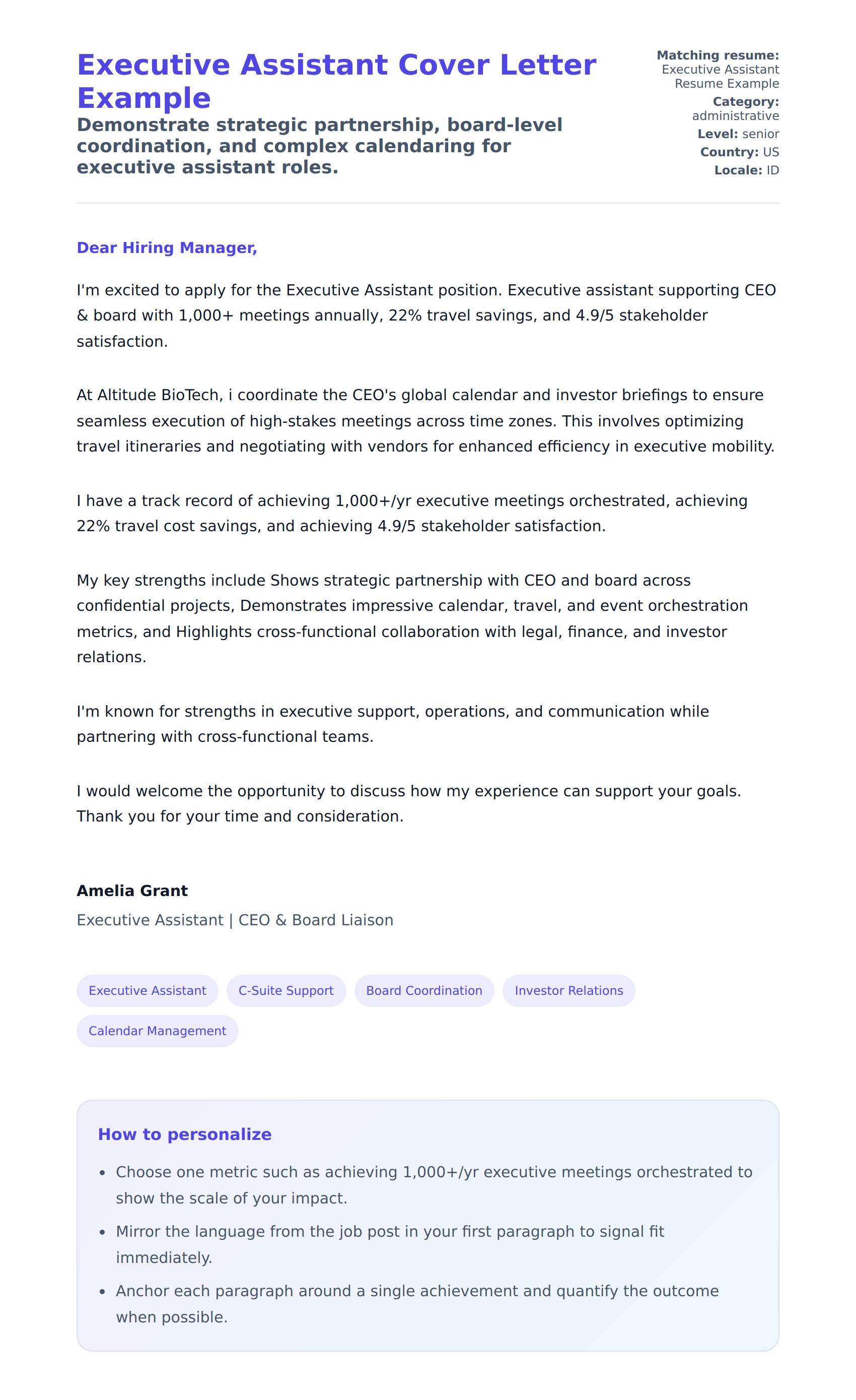 Executive Assistant Cover Letter Example