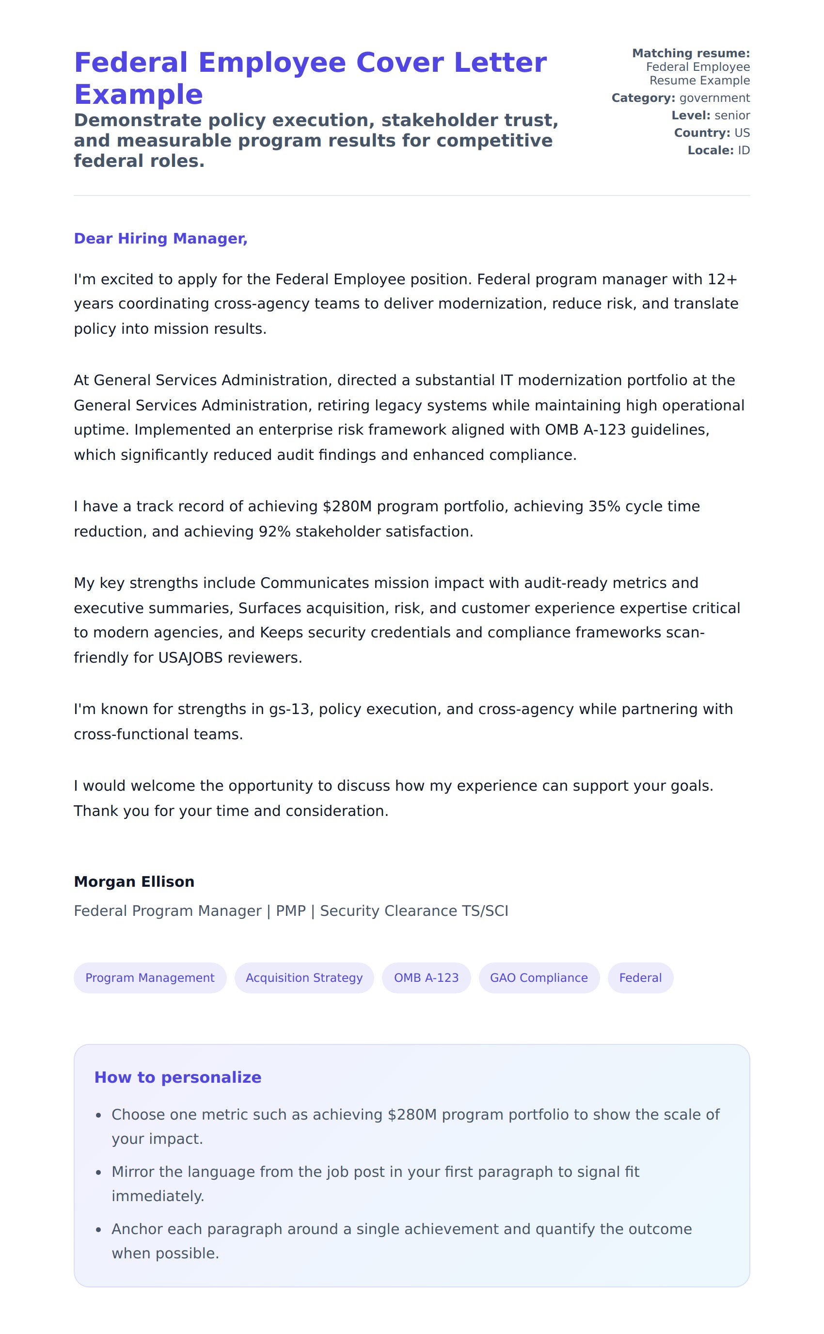 Federal Employee Cover Letter Example