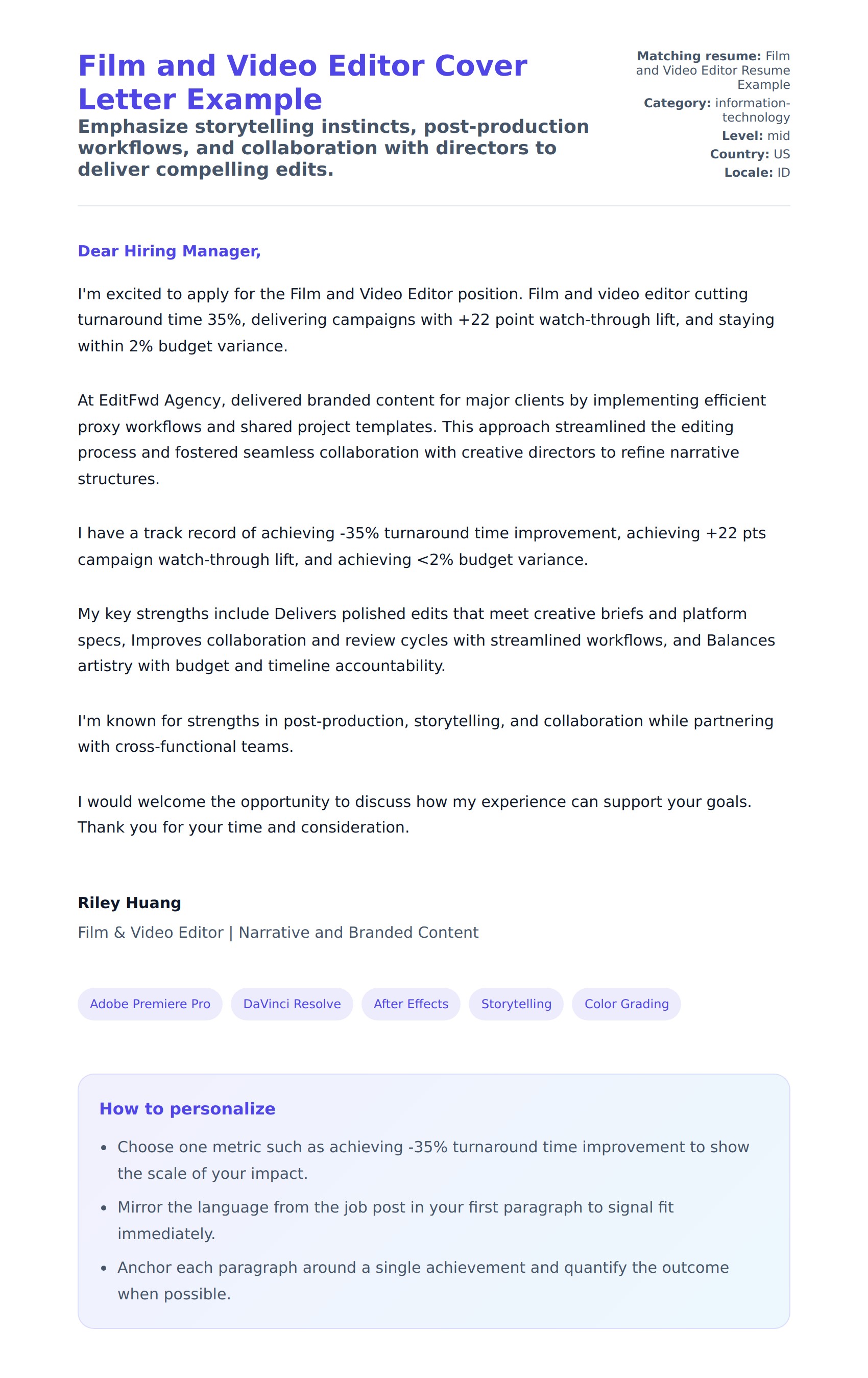 Film and Video Editor Cover Letter Example