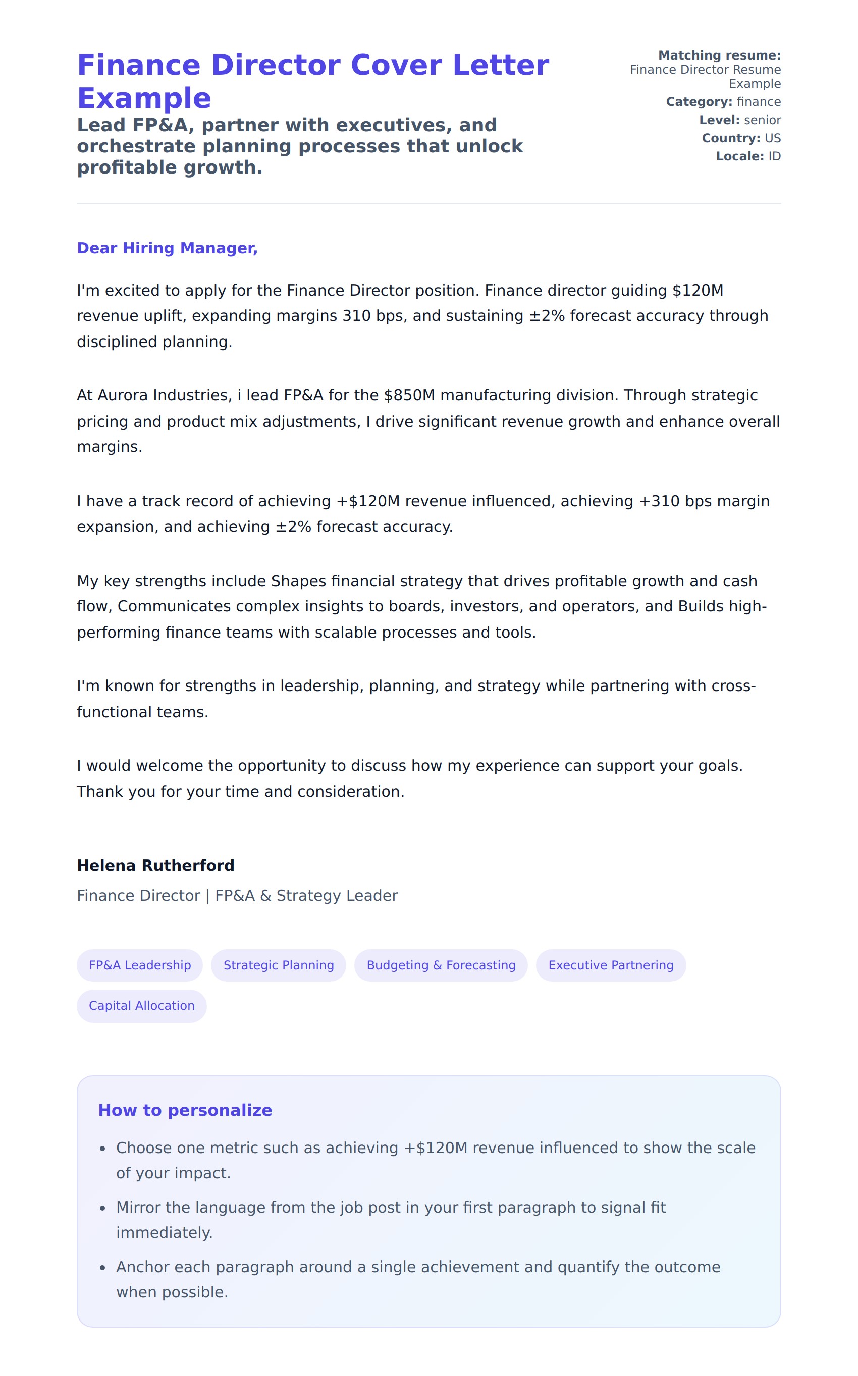 Cover Letter preview for Finance Director Cover Letter Example