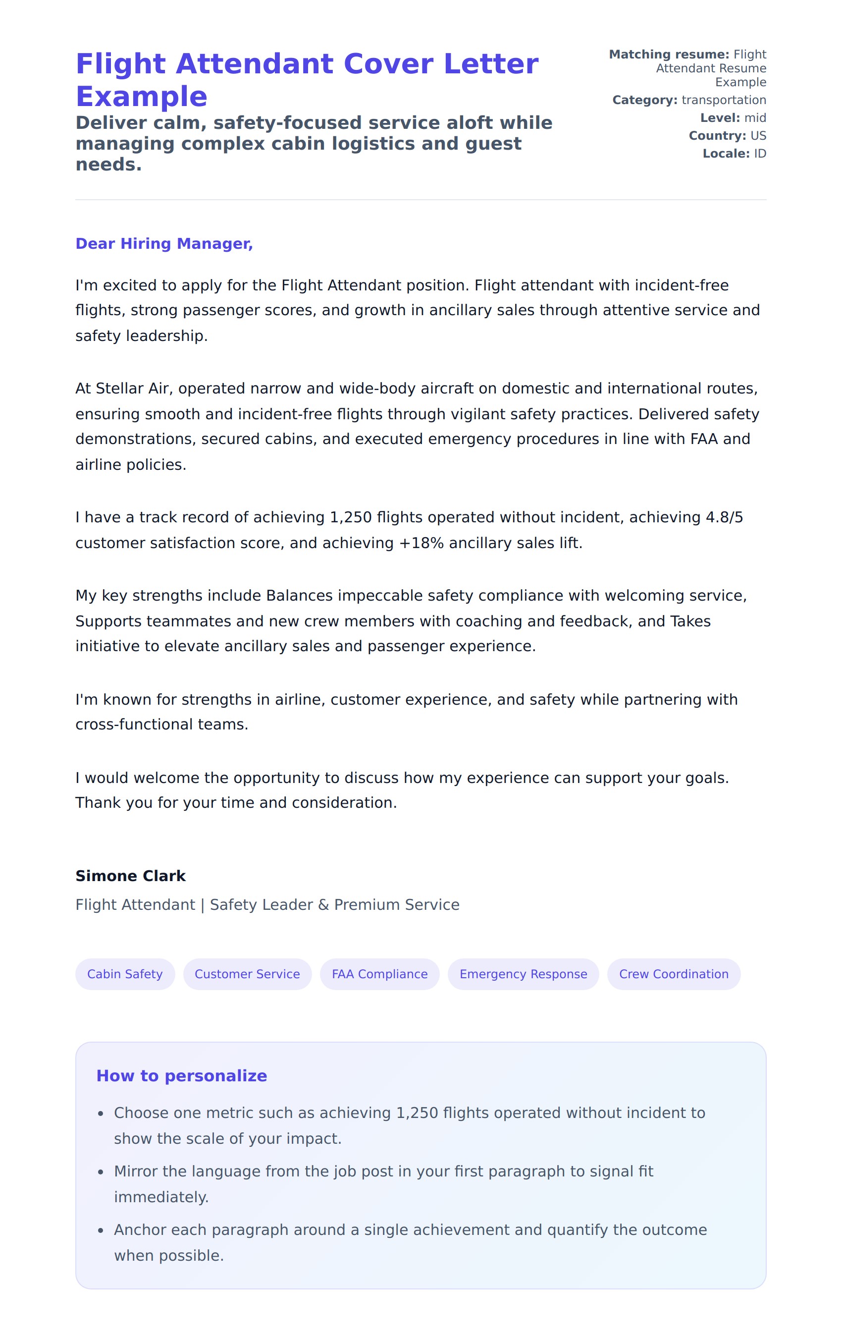 Flight Attendant Cover Letter Example