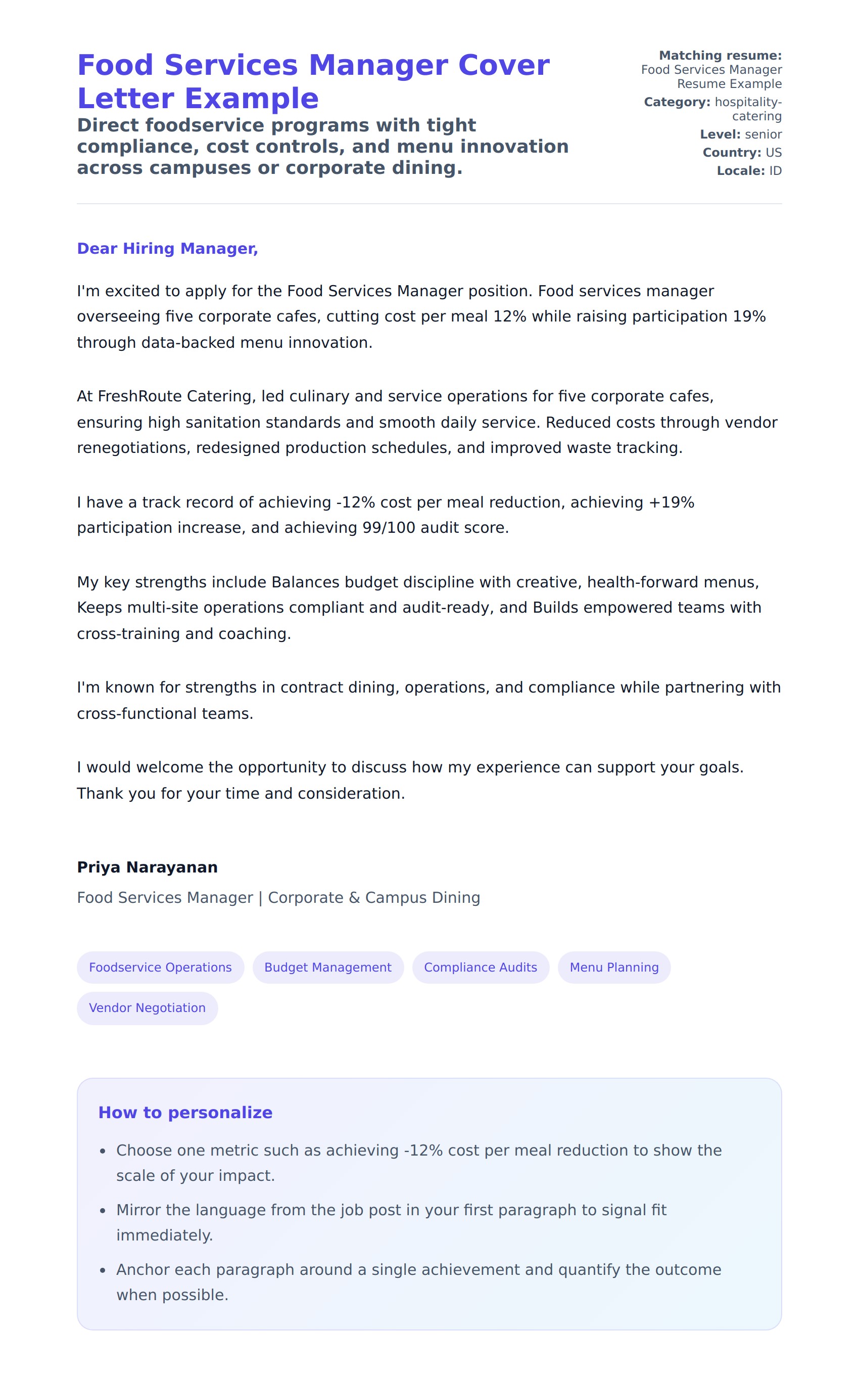 Cover Letter preview for Food Services Manager Cover Letter Example