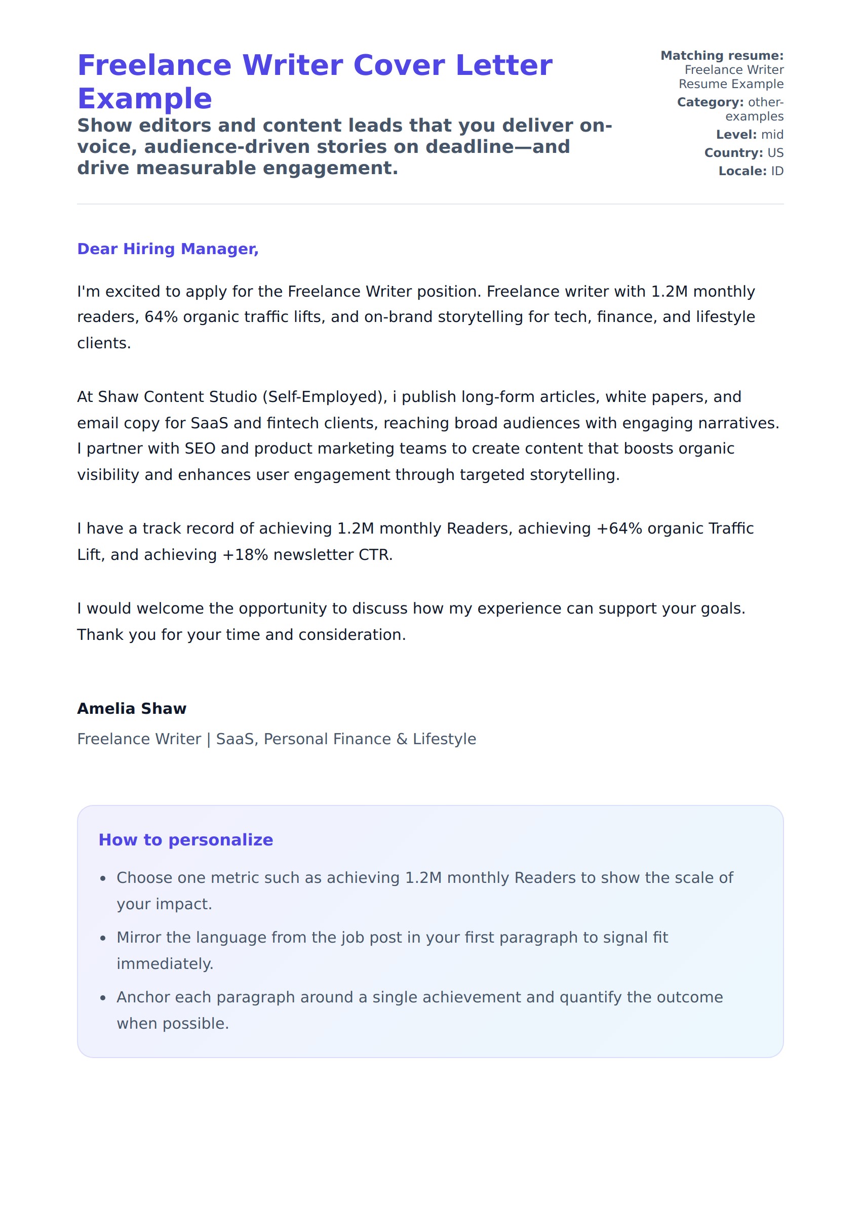 Cover Letter preview for Freelance Writer Cover Letter Example